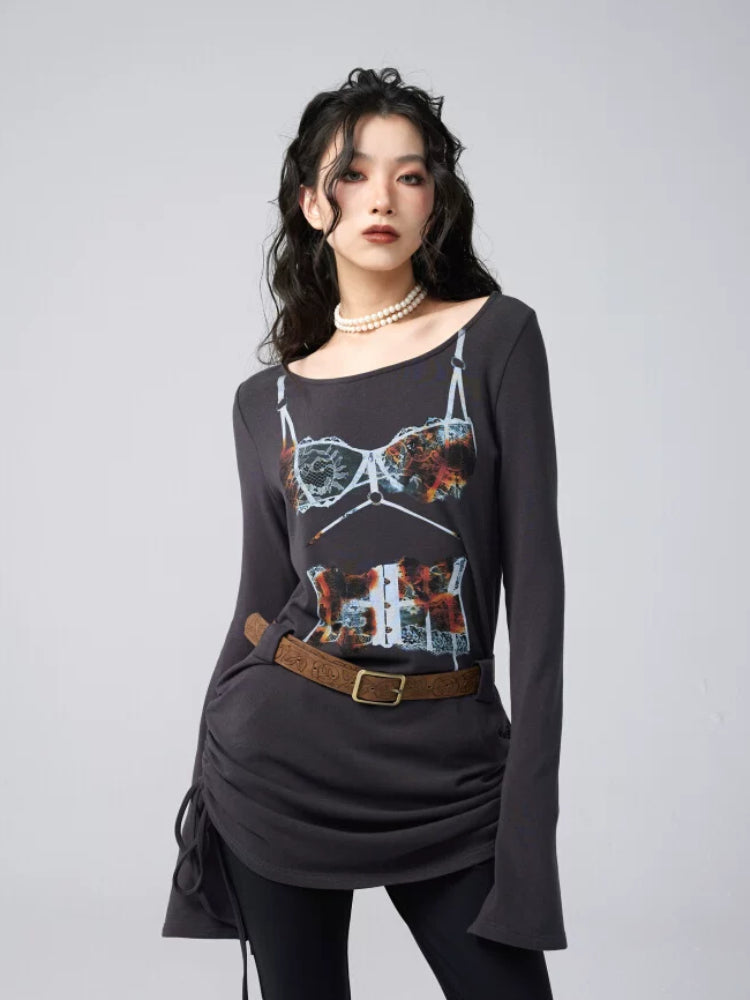 프린트된 루즈 긴팔 티셔츠