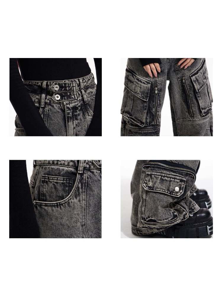 Mehrere Taschen Retro Weite Beinform Jeanshose
