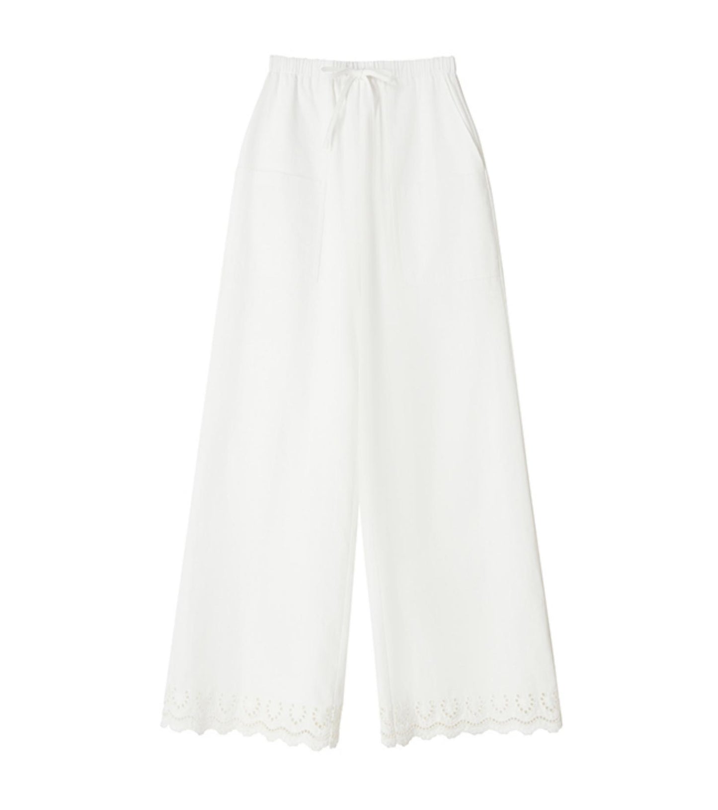 White Lace-Trimmed Wide Leg Pants