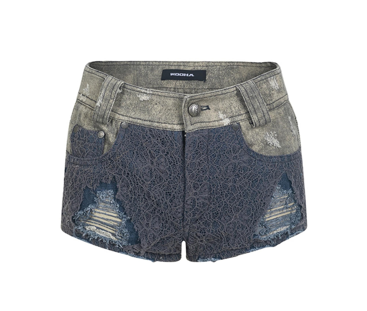 Blue Gray Lace-Trim Denim Shorts