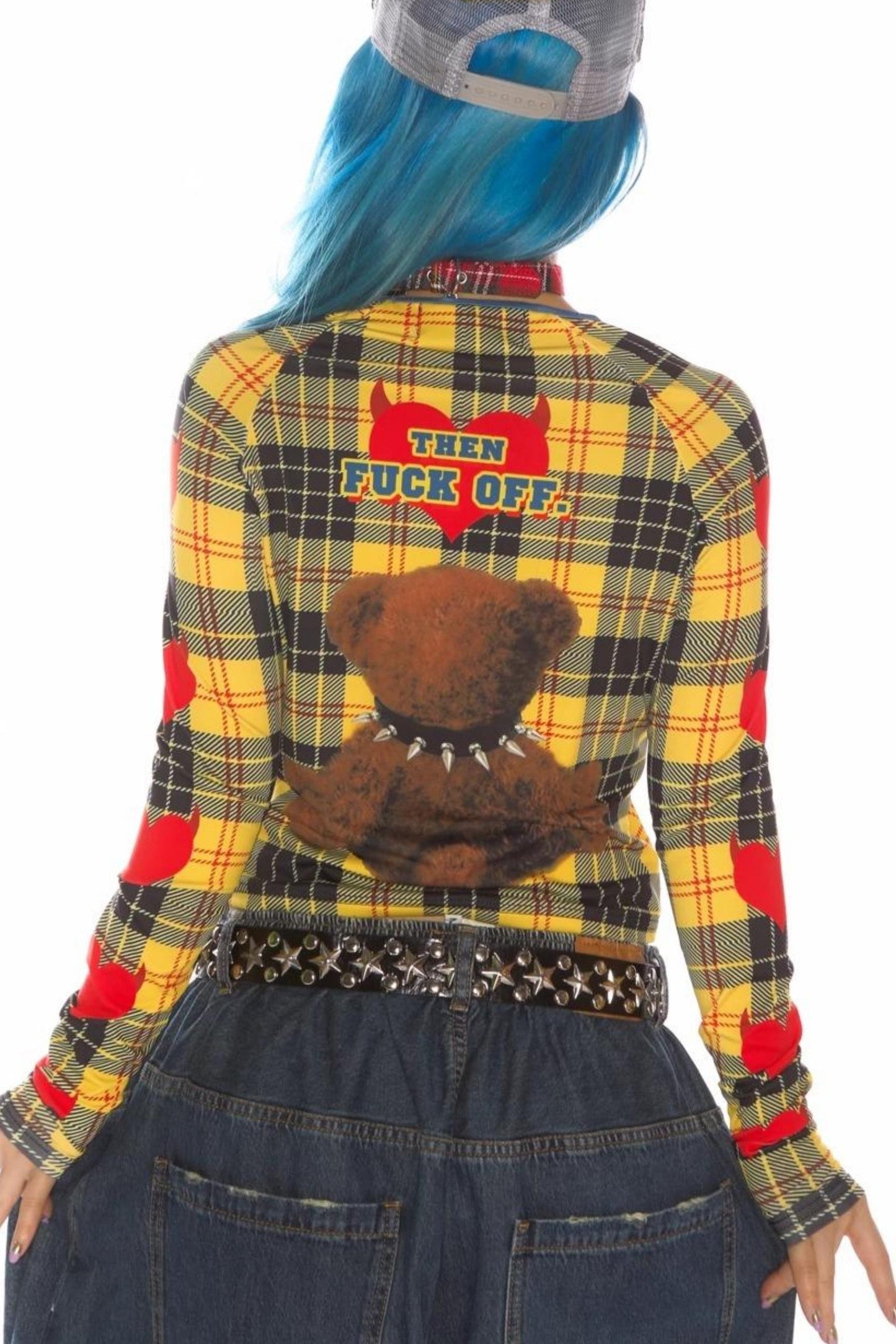 Plaid Bear Print Slim Fit Top