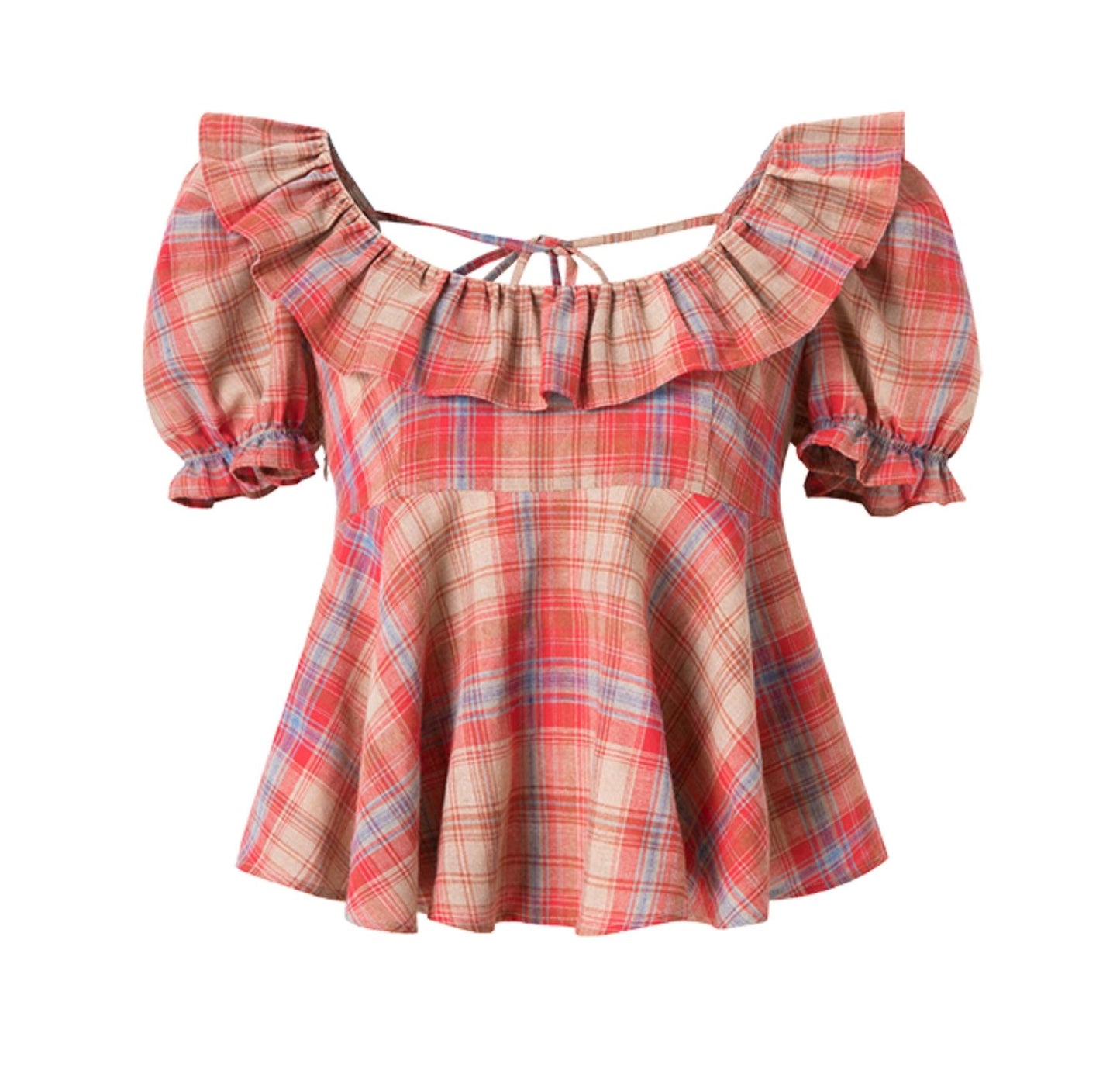 Vintage Plaid Puff Sleeve Babydoll Blouse