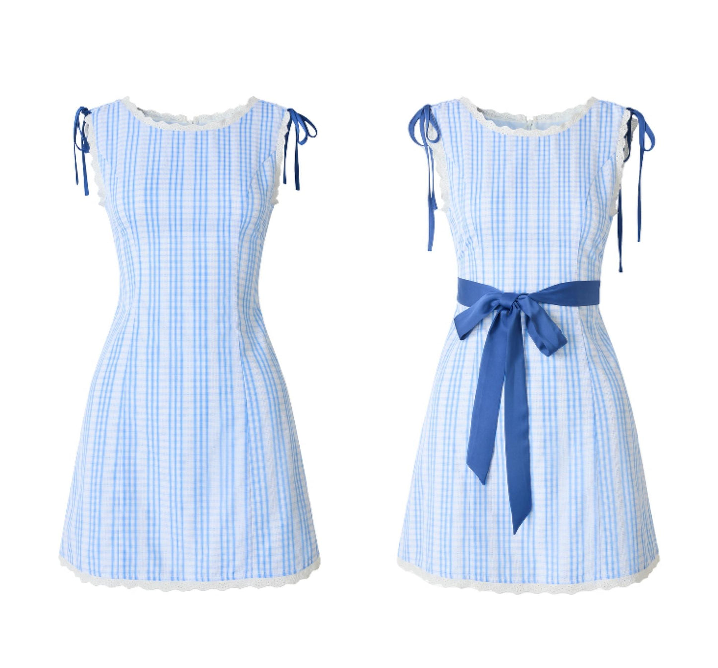 Blue Checkered Lace Tie Dress