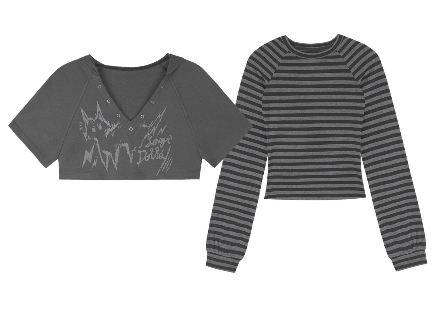 Furry Gray Striped Hooded Two-Piece Set-Up