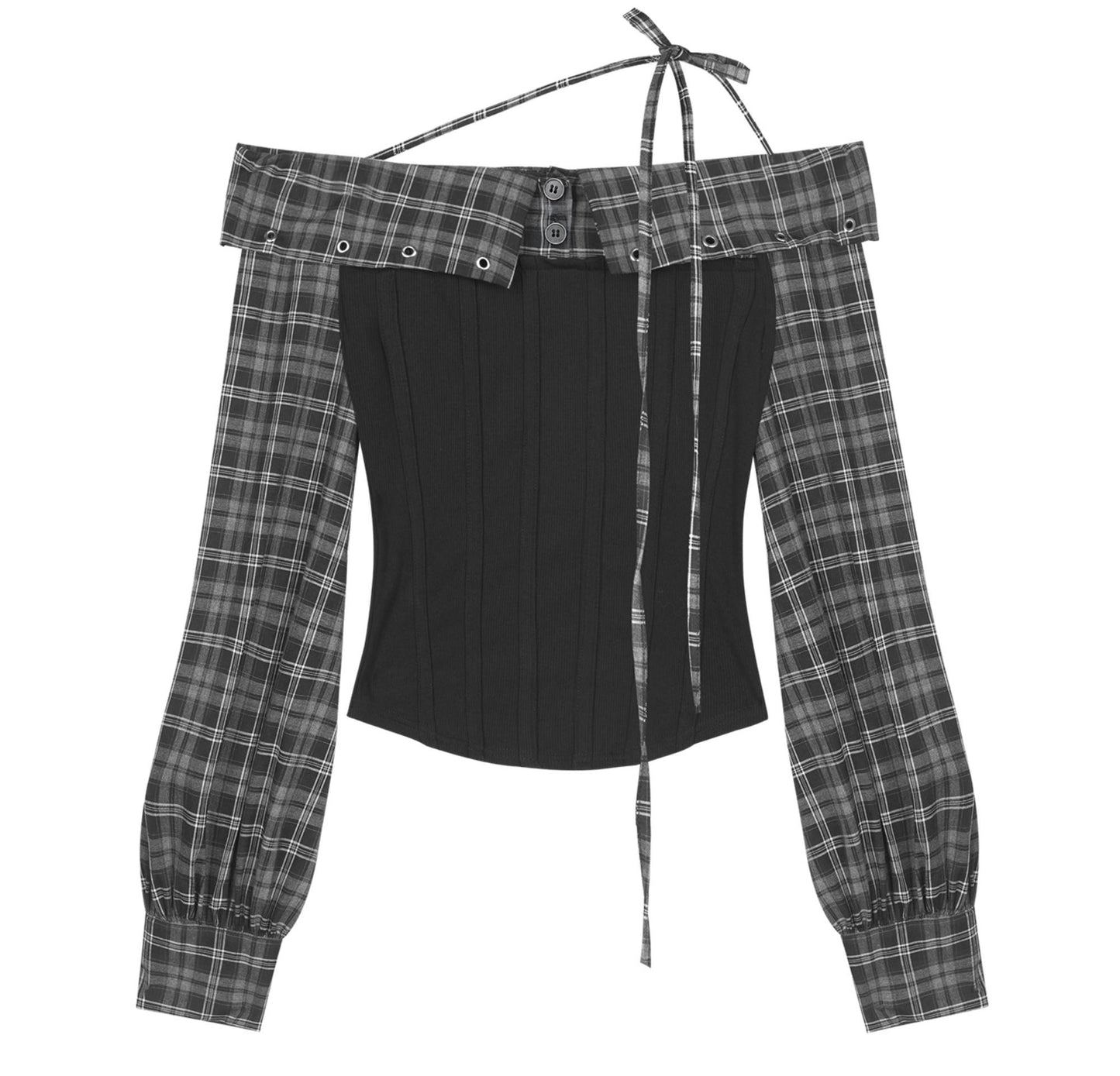 Fighting Spirit Plaid One-Shoulder Shirt