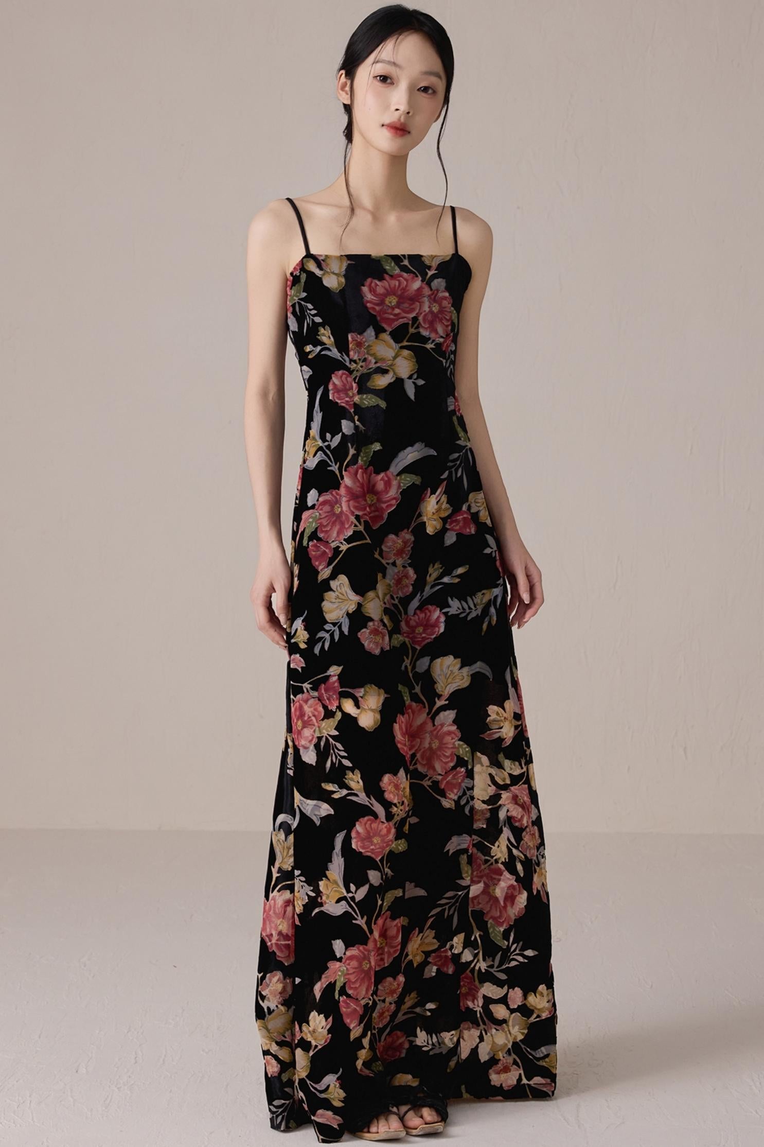 Vintage satin floral halter maxi dress (L)