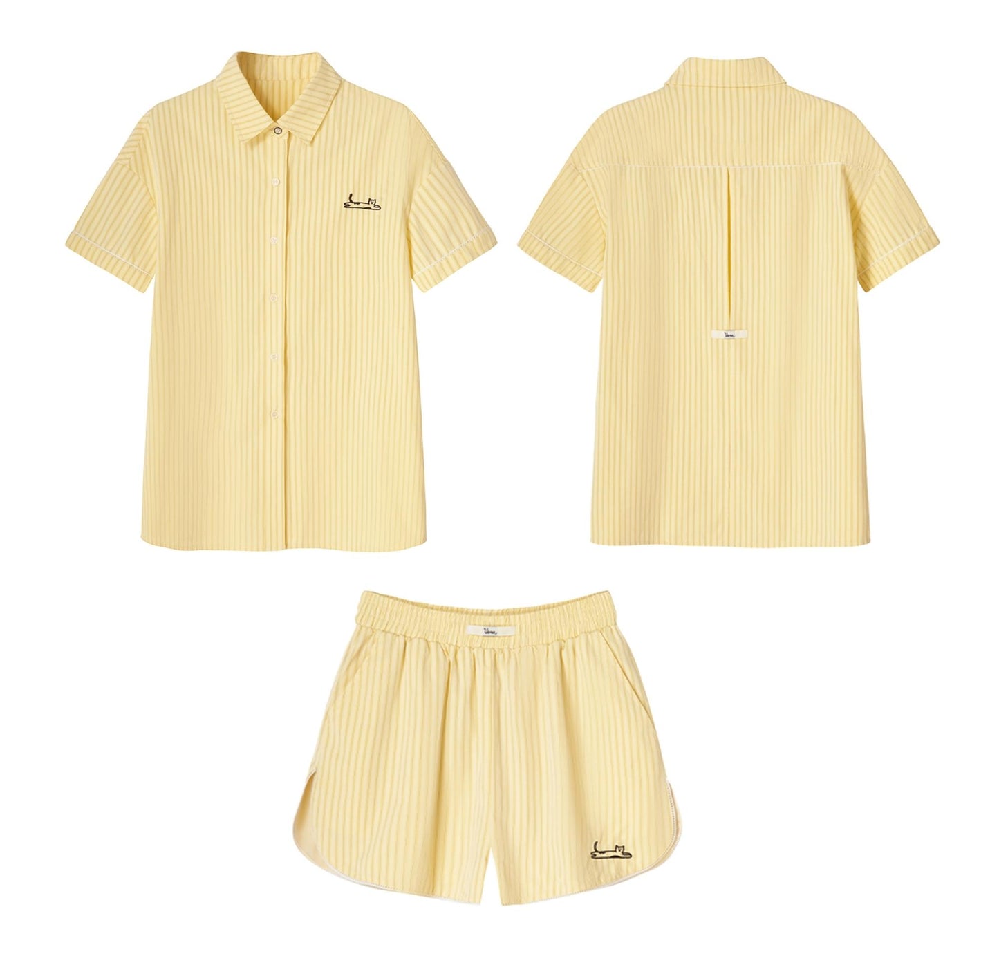 Yellow Striped Cat Embroidery Shorts Set-Up