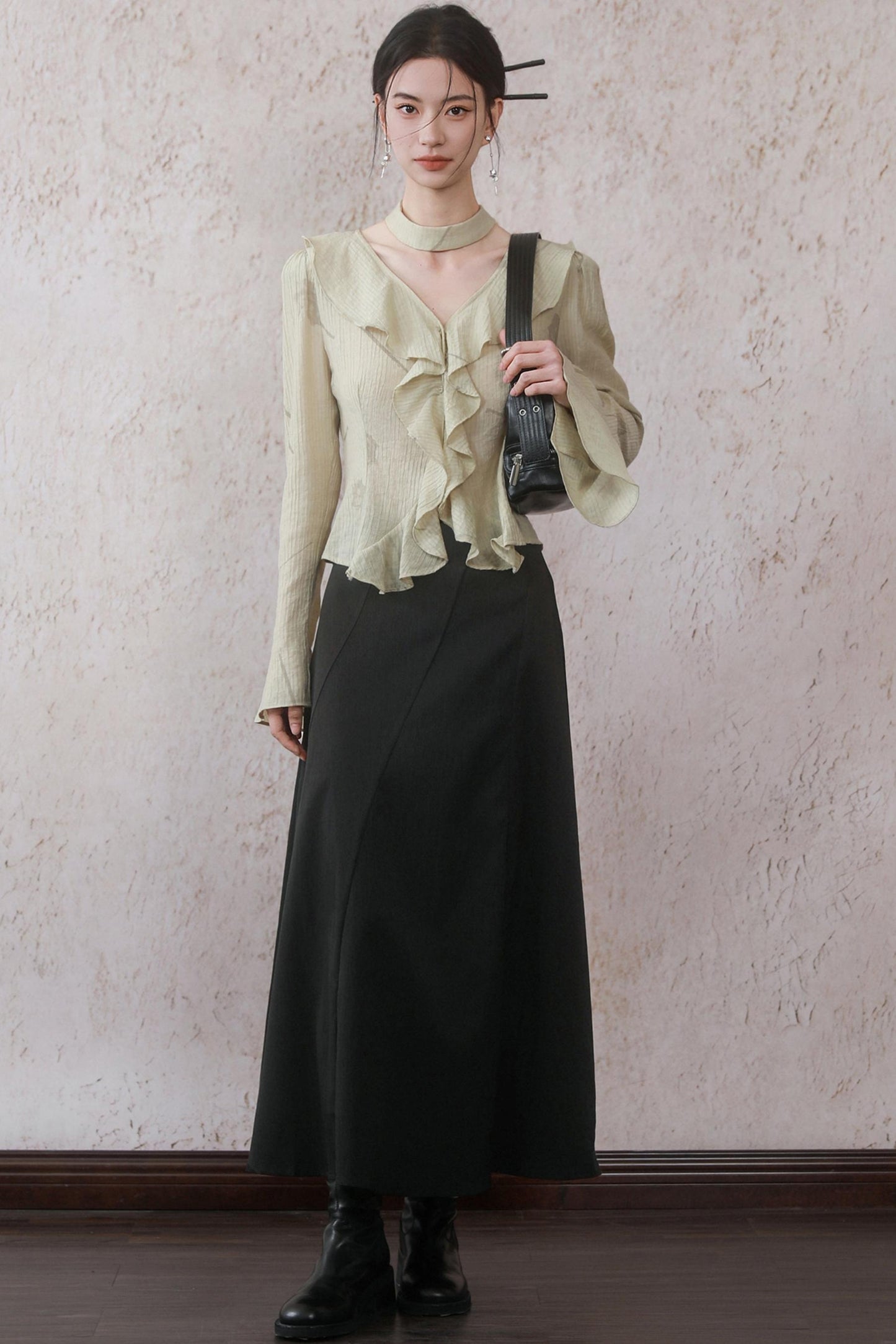 Black Spliced Midi Skirt