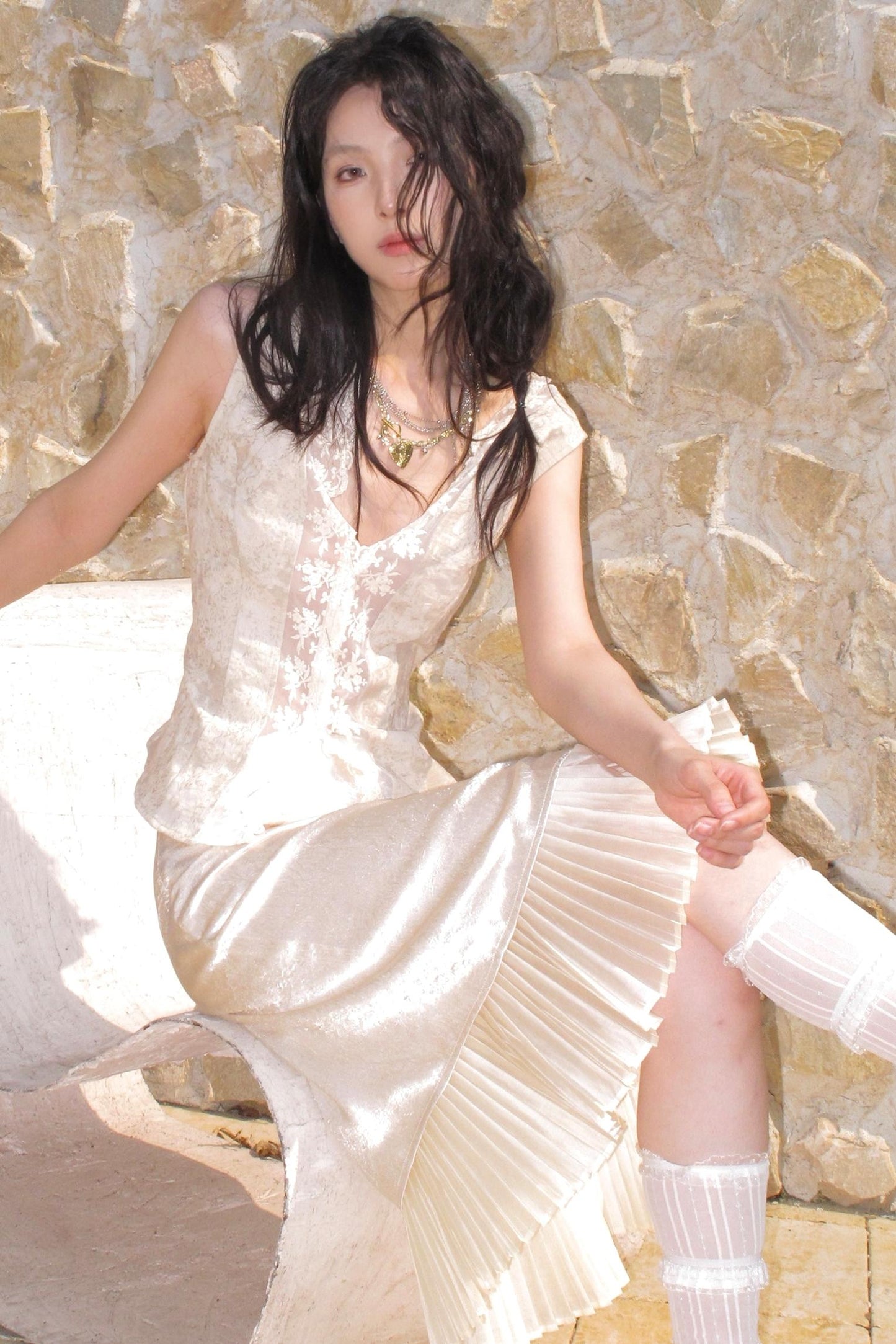 Night Pear Print Pleated Skirt