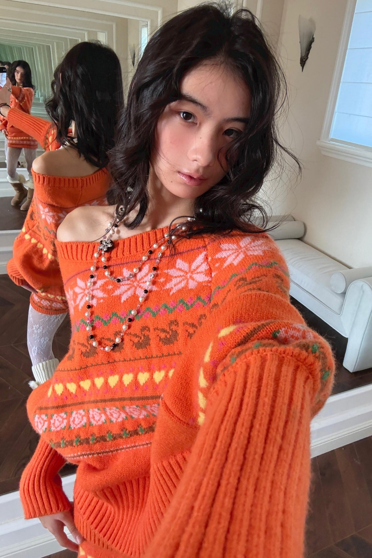 One-Shoulder Jacquard Sweater Set-Up