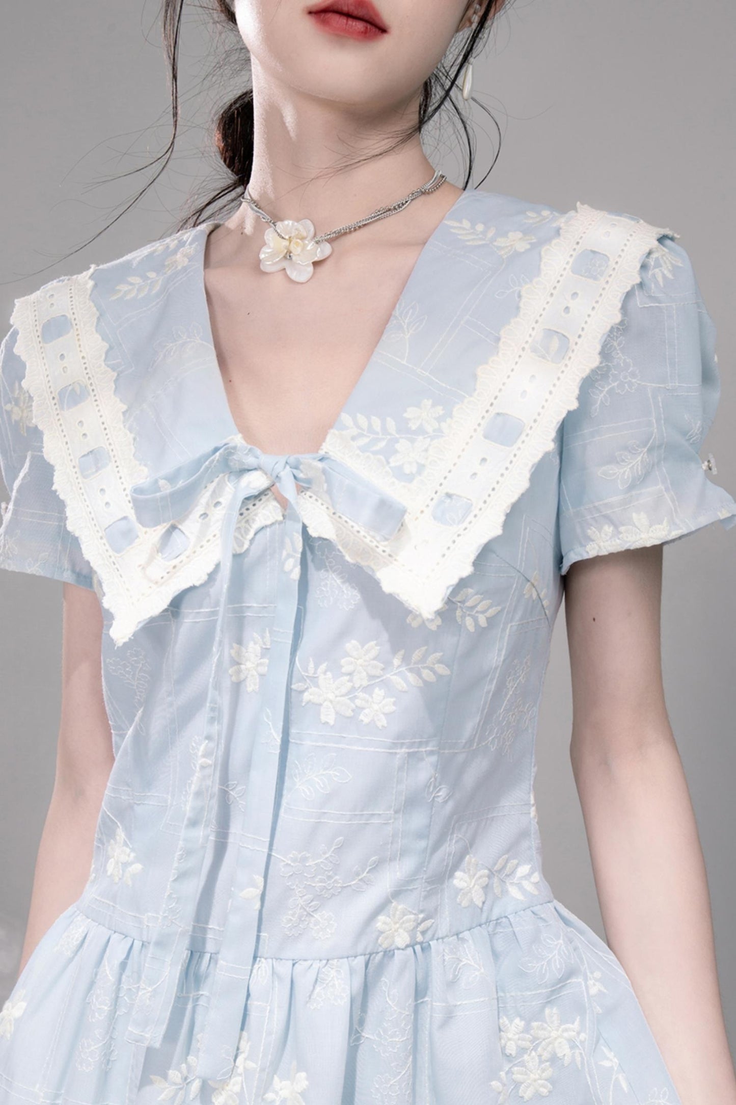 Leisurely Blue Lace Short Sleeve Dress