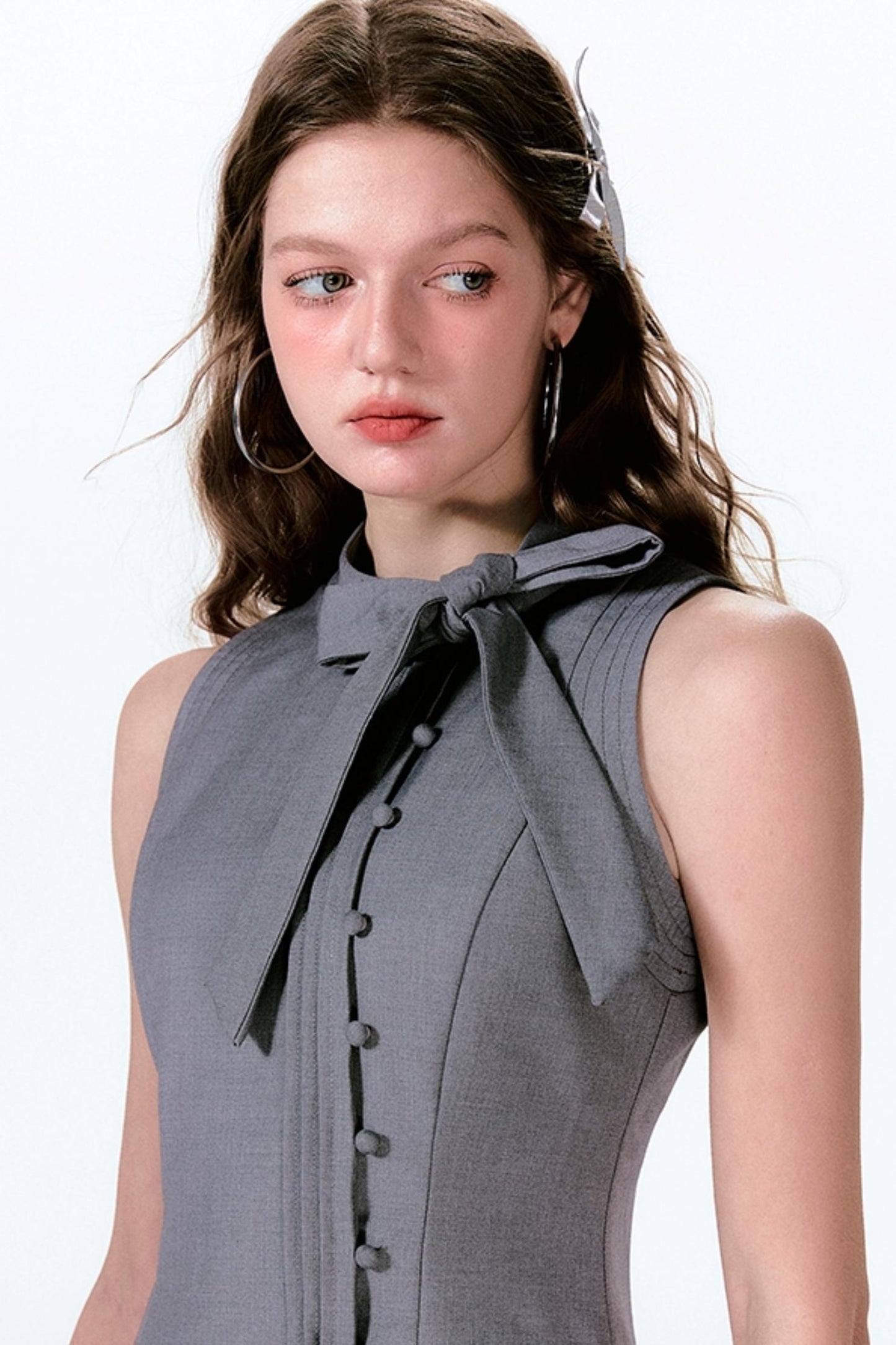 Gray Pleated Bow Dress