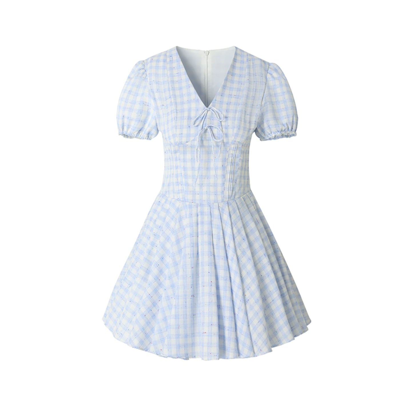 Blue Plaid Puff Sleeve A-Line Dress