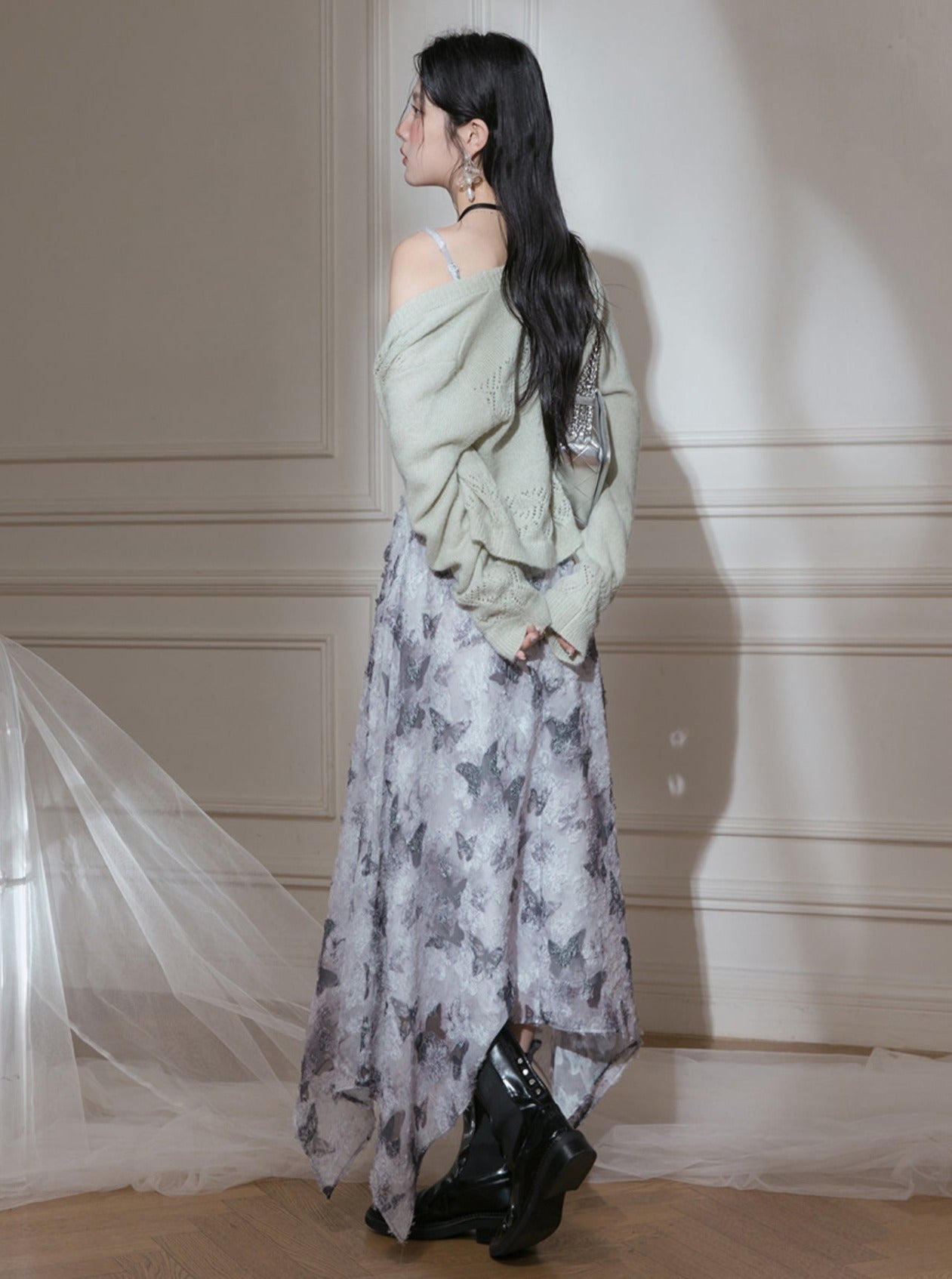 나비 회색 프린트 불규칙 슬립 드레스