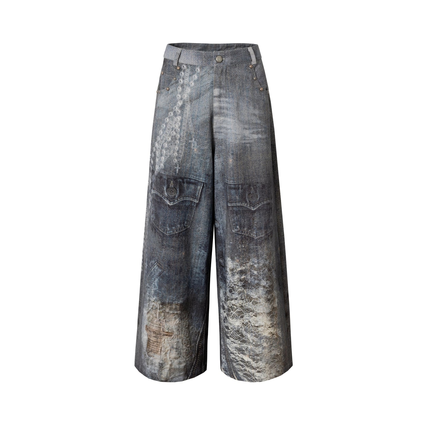 Printed Blue Wide-Leg Denim Pants