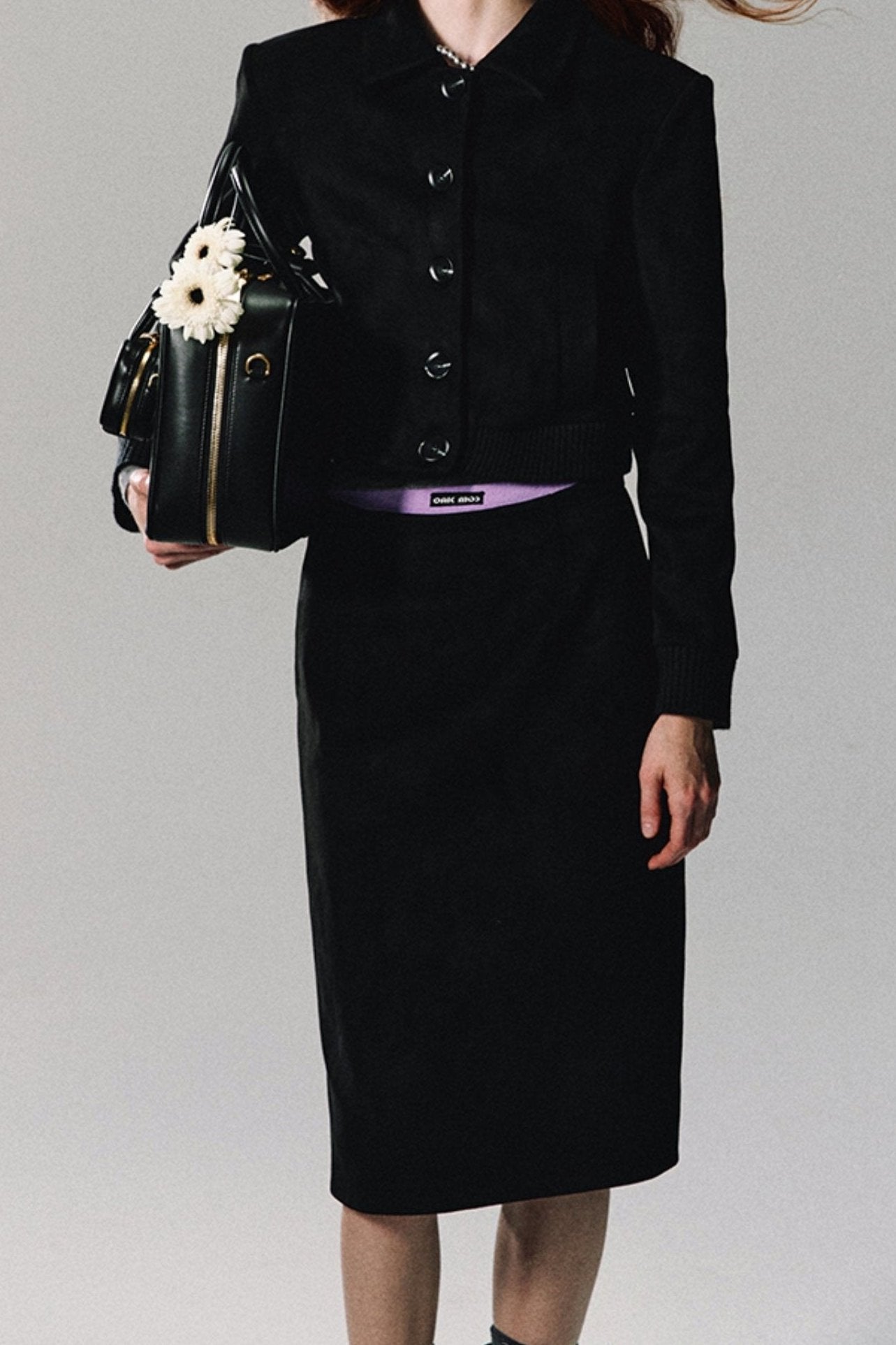 블랙 티 나이트 패치워크 크롭 코트 세트업