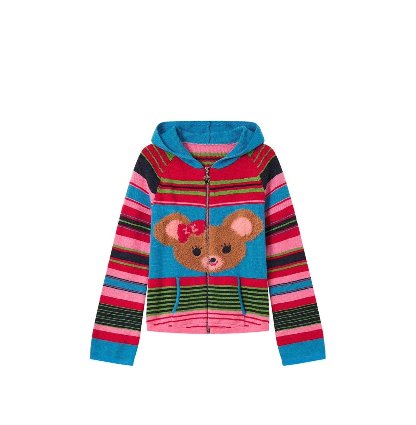 Striped Bear Wool Knit Hooded Cardigan
