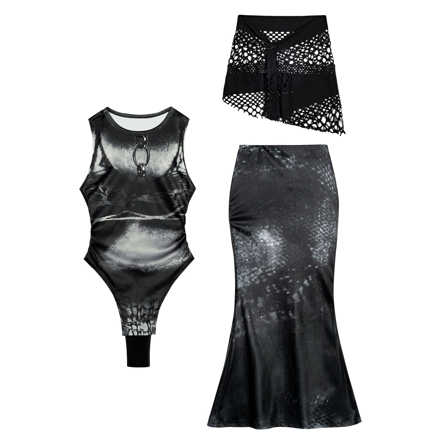 Dark Three-Piece Fishtail Skirt vest Set-Up