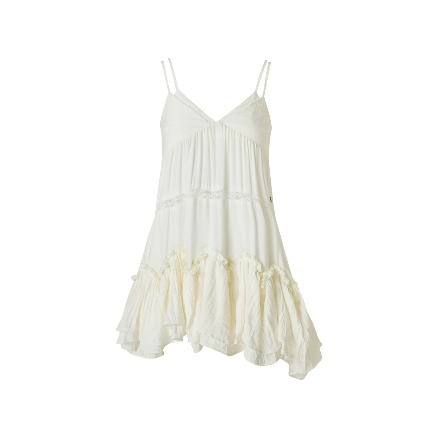 White Asymmetrical Ruffle Hem V-Neck Slip Dress