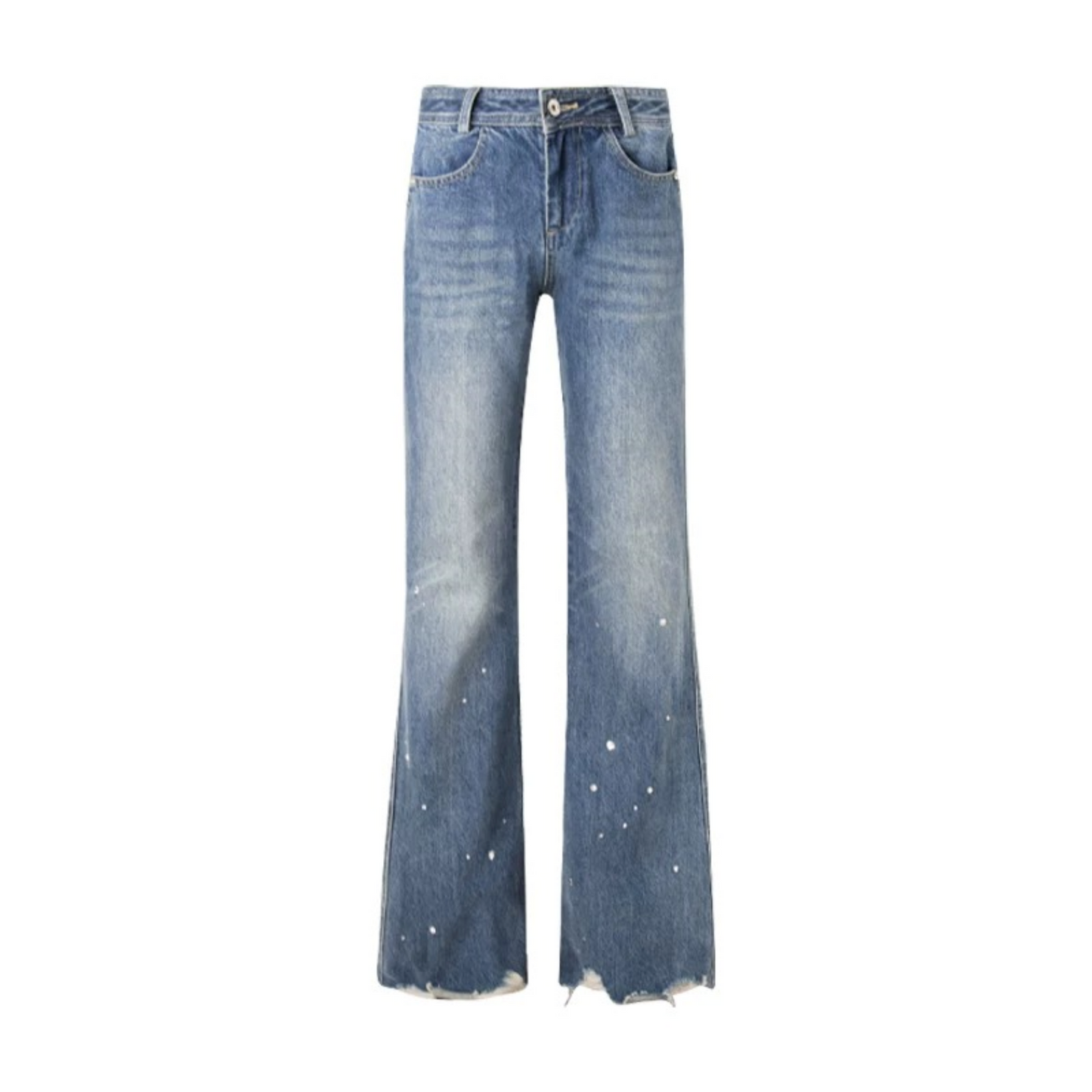 Frayed Hem Washed Blue Rhinestone Micro-Flared Jeans