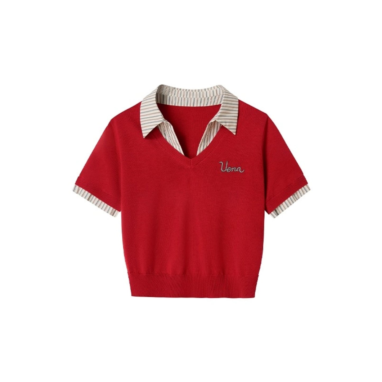 Embroidered Striped Collar Fake Two Piece T-Shirt