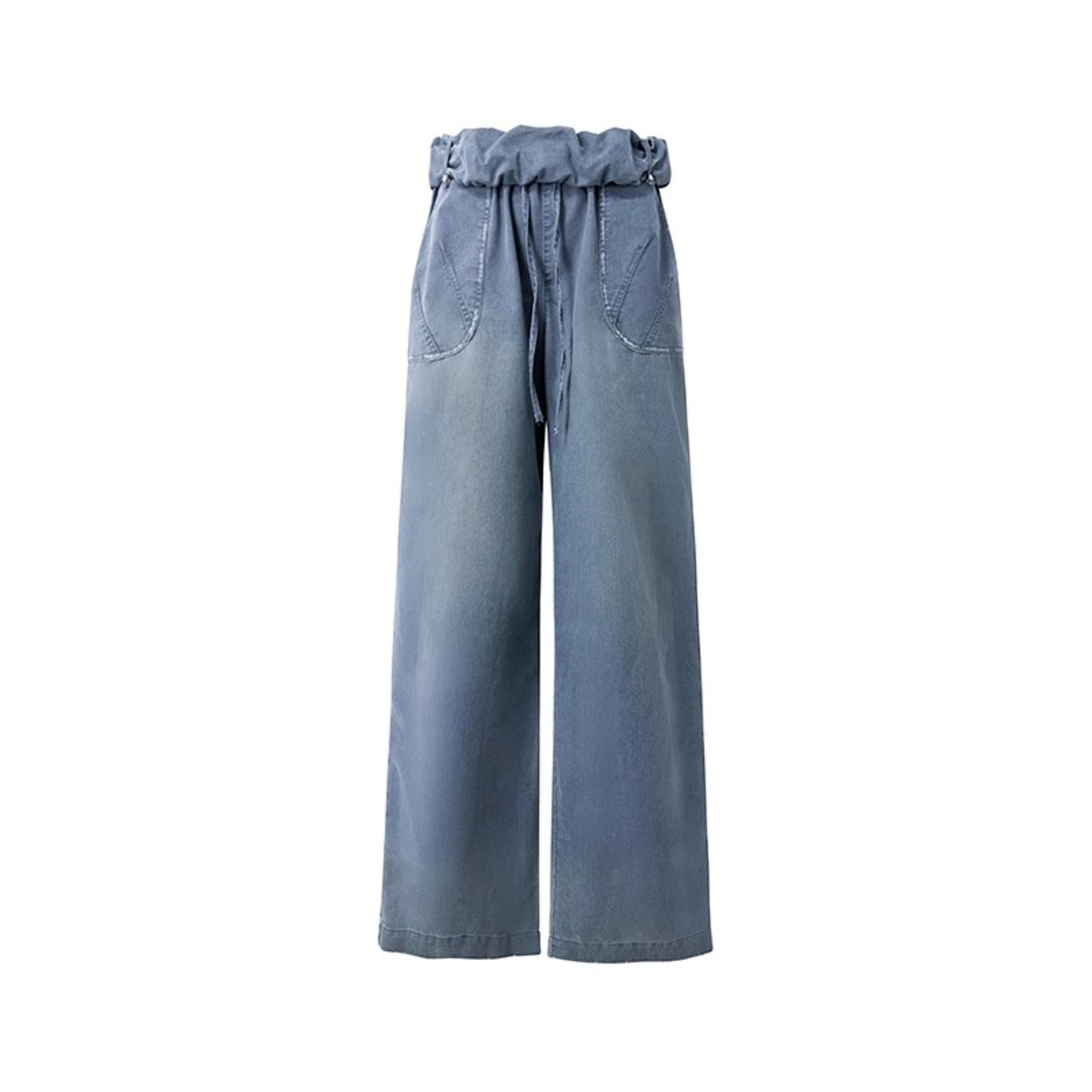 Washed Distressed Cuffed Waist Loose Pants