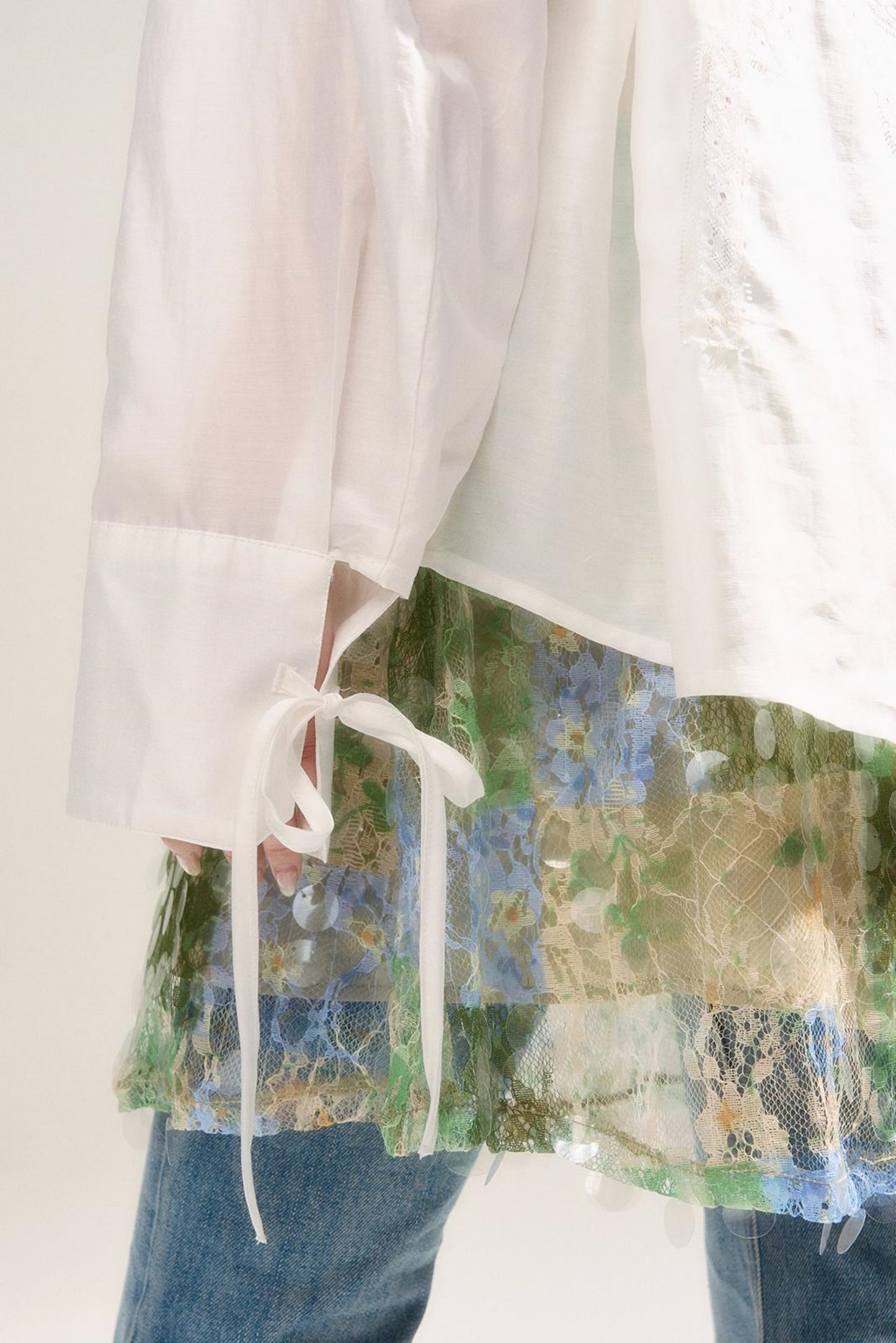 Sheer Lace Bowtie Long Shirt