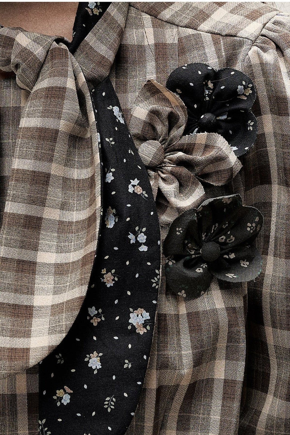 Plaid Contrast Ribbon Shirt and Skirt Set-Up