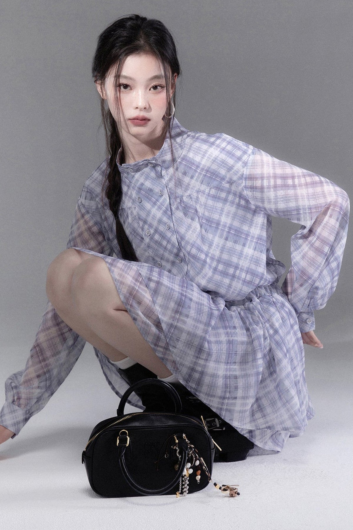 Double-Breasted Deconstructed Double-Layer Plaid Shirt Dress