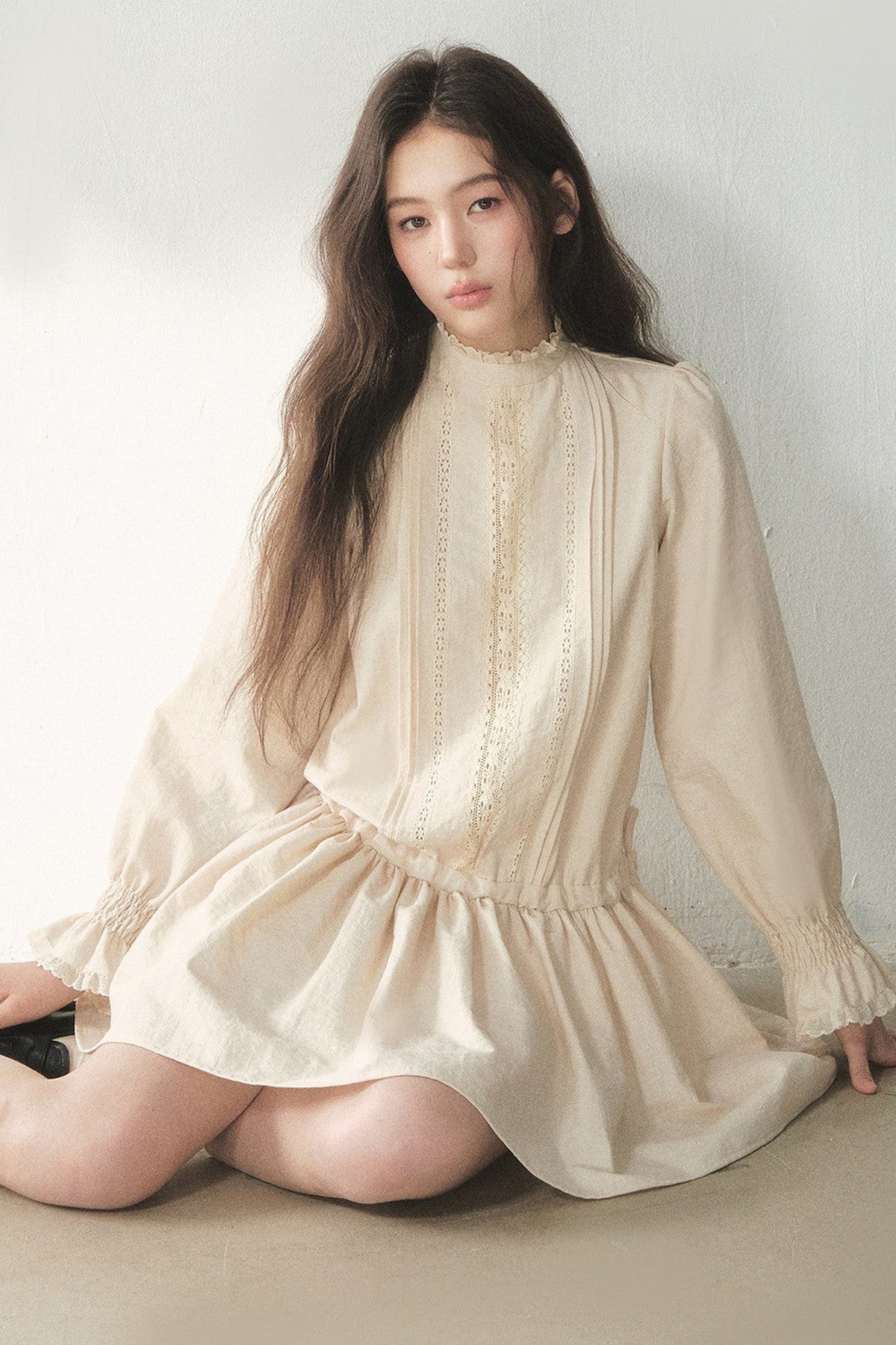 Lace High Collar Ruffle Dress