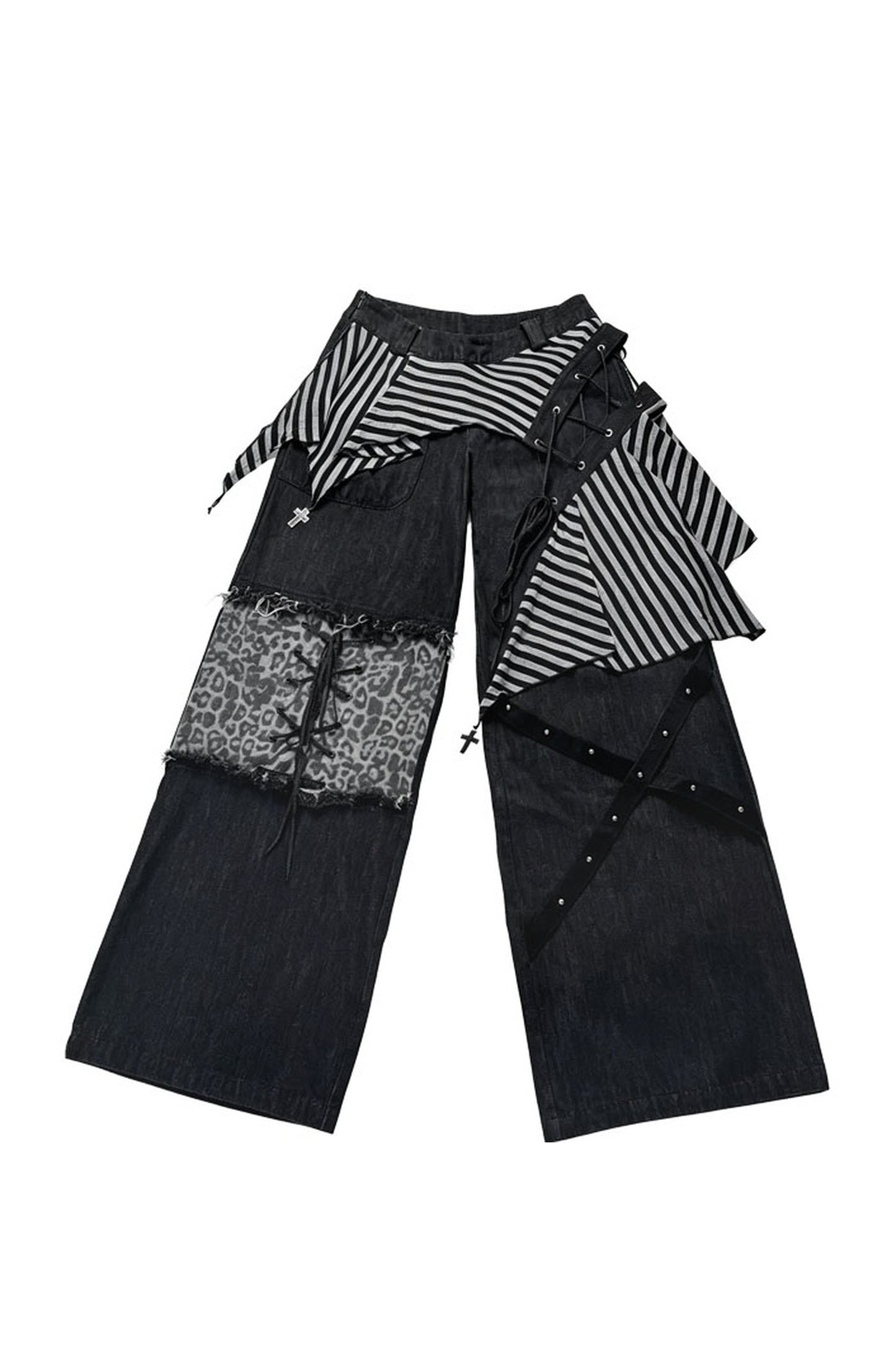 Striped Leopard Patchwork Tie-Up Wide-Leg Jeans