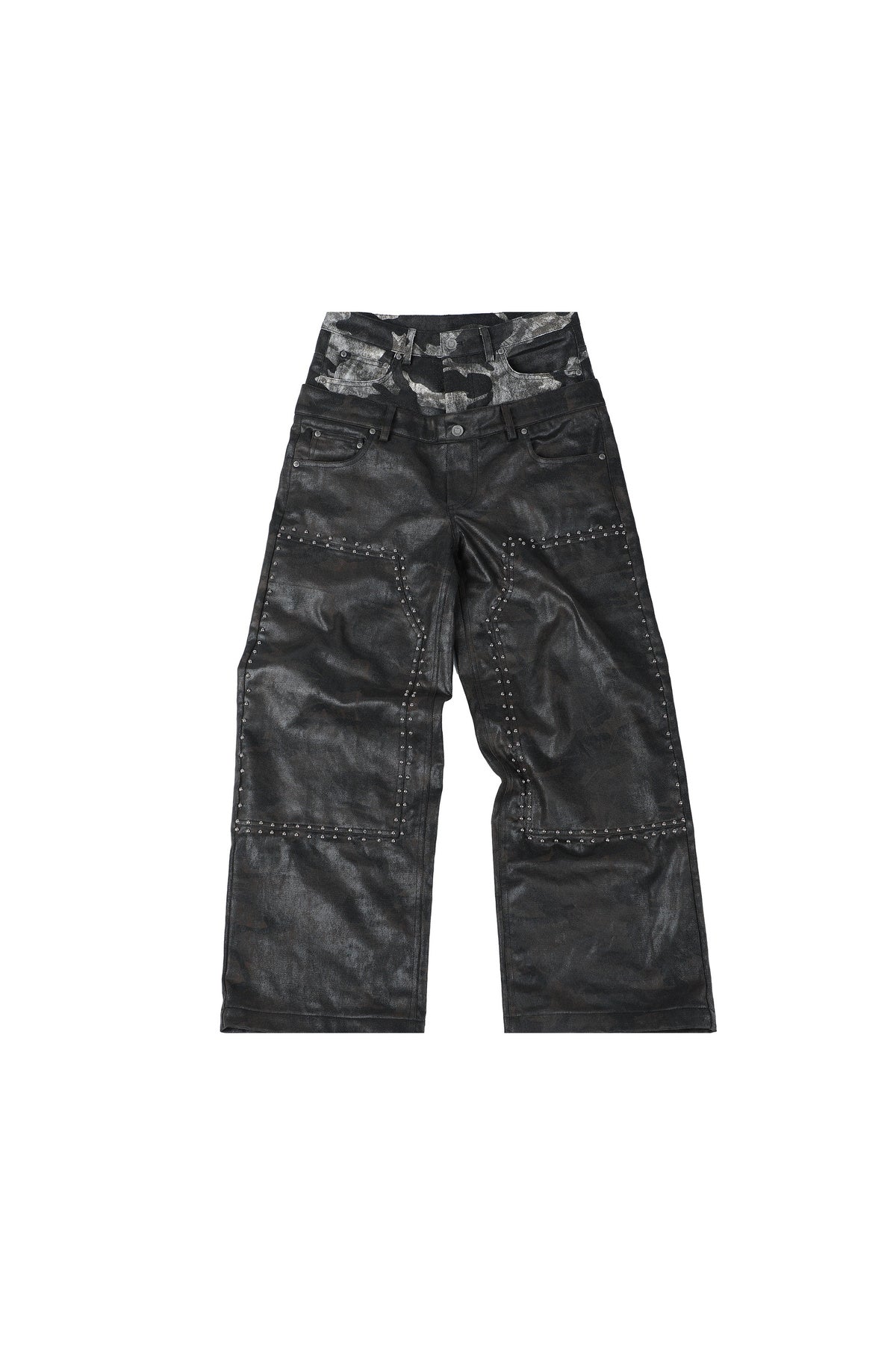 Camouflage Wax-Coated Distressed Denim Pants