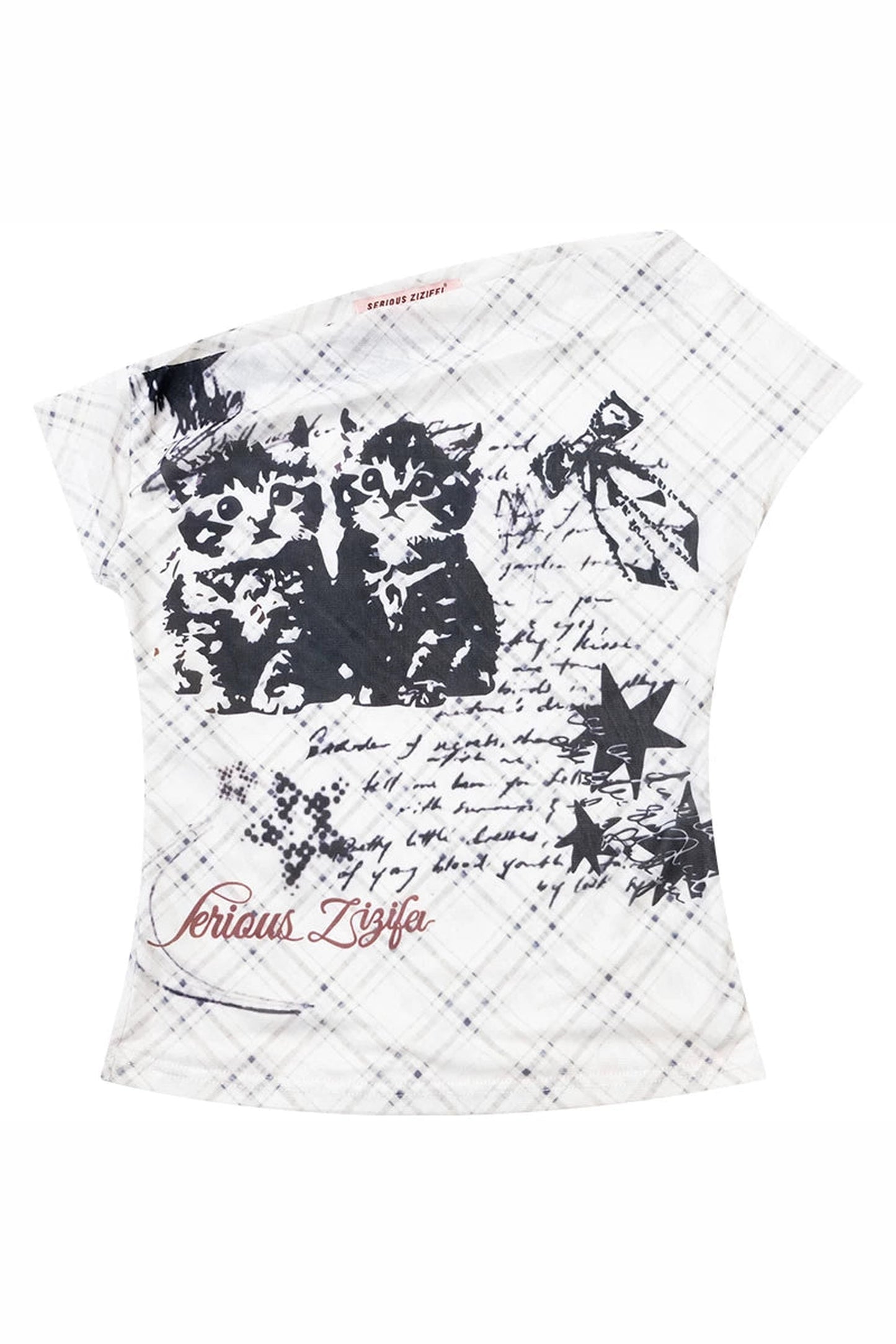 Cat Plaid Mesh Off-Shoulder T-Shirt