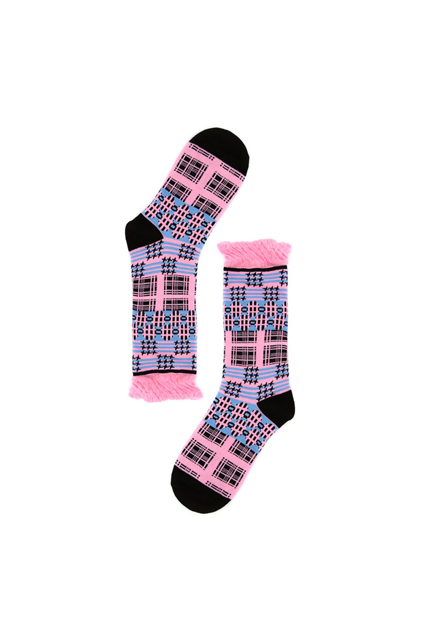 Chaussettes bouffantes à carreaux noir et rose avec volants élastiques
