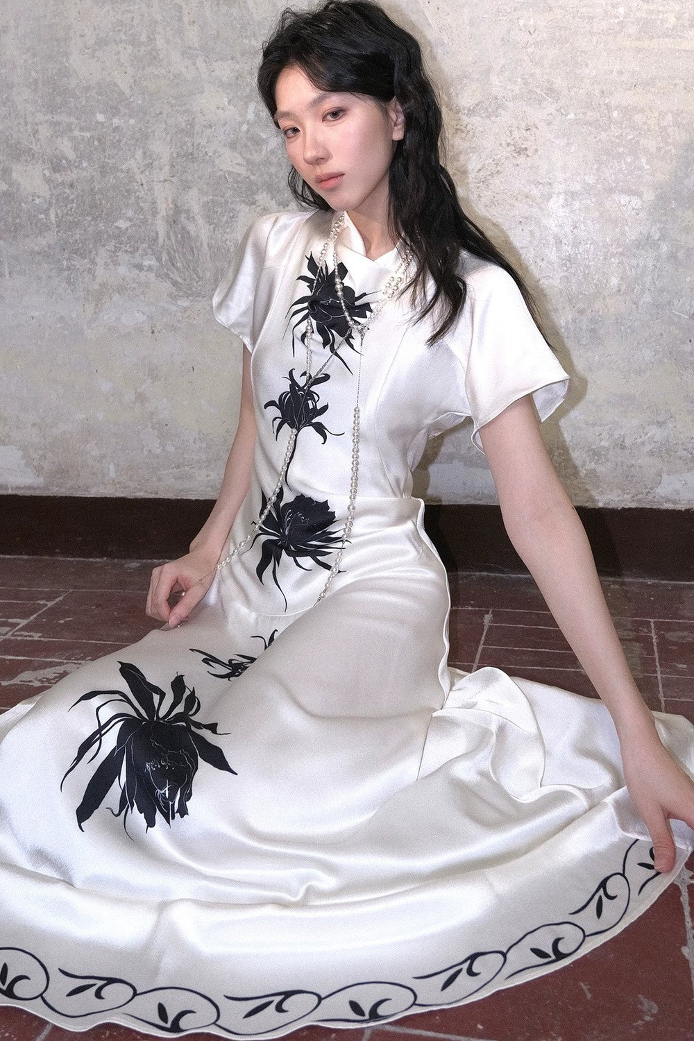 Satin Epiphyllum Print Qipao Dress
