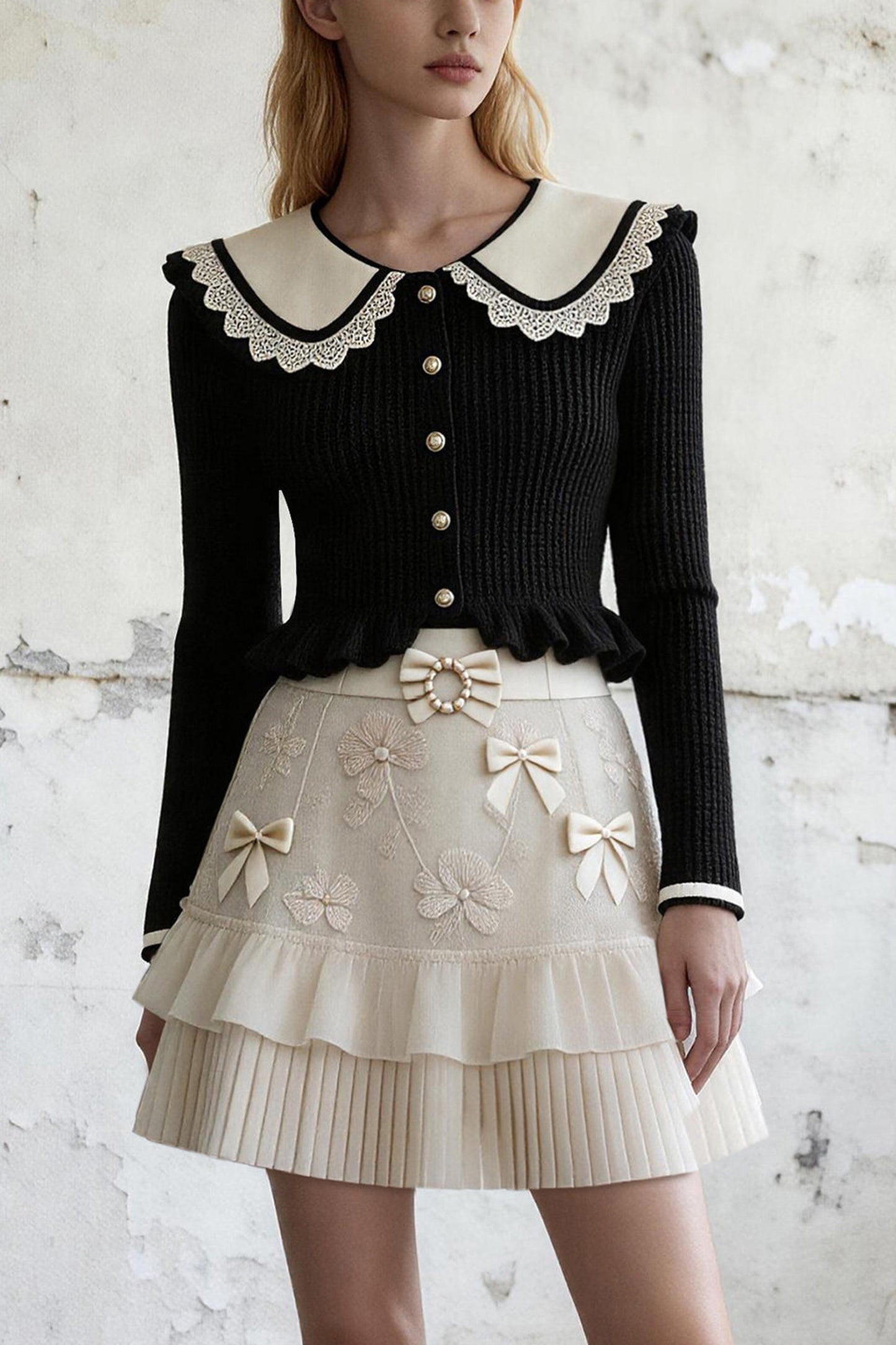 Black Knit Top and Beige A-Line Skirt Set-Up