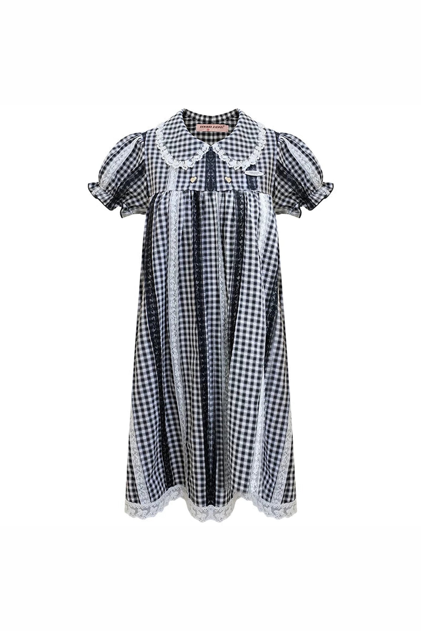 Retro Plaid Lace Puff Sleeve Dress