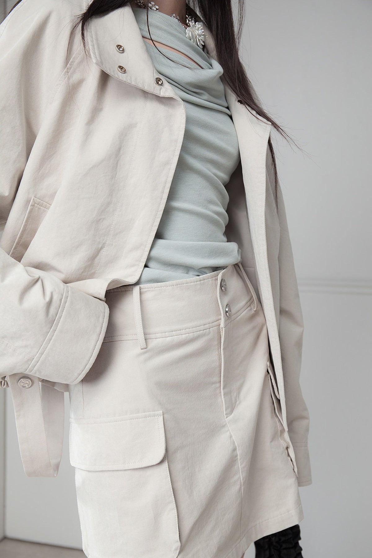 Sand Card Drawstring Jacket and Skirt Set
