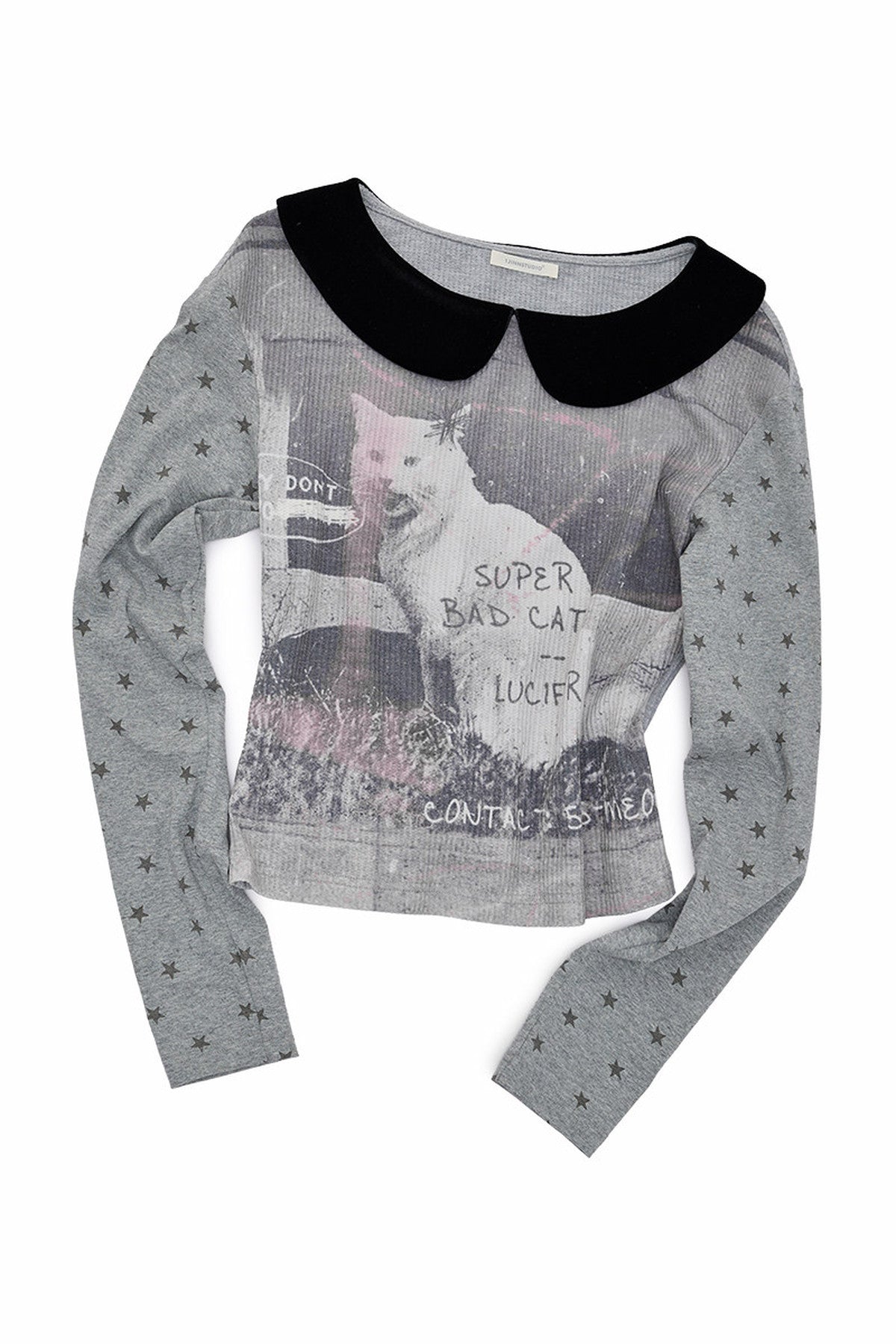 Cat Print Waffle Doll Collar Long-Sleeve T-Shirt