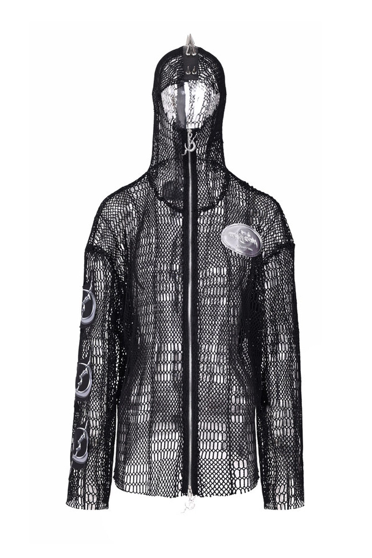 Rivet Hooded Mesh Patch Embroidery Jacket
