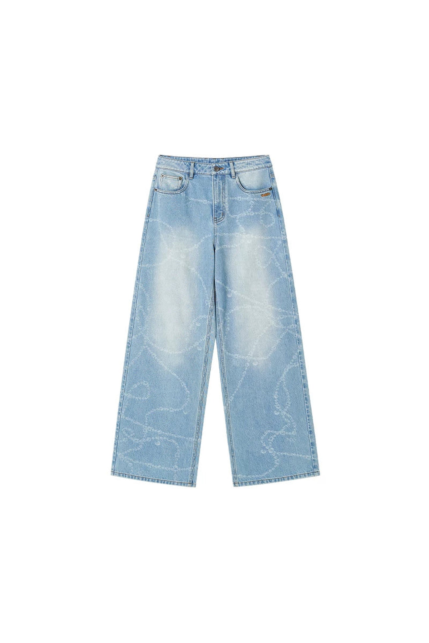 Washed Laser Print Denim Pants