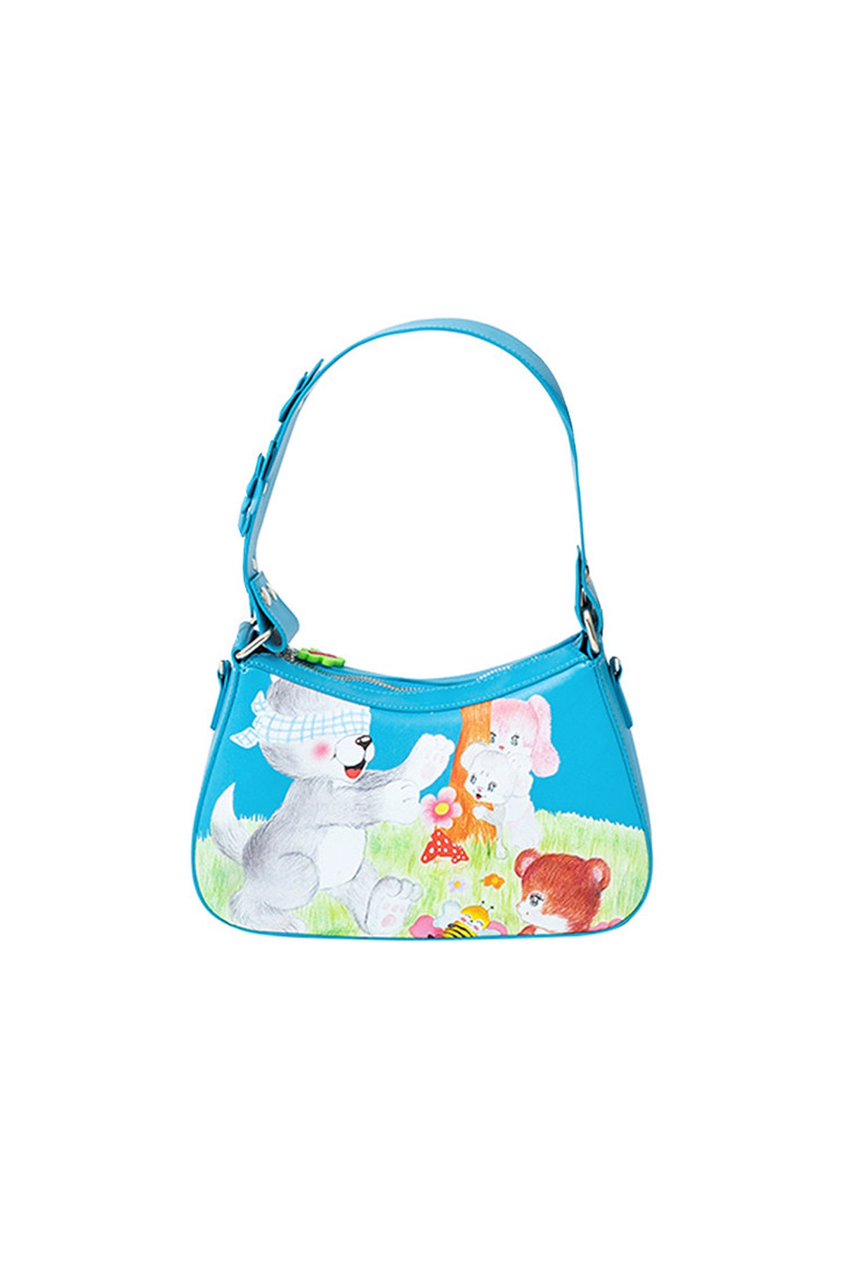 Blue Animal Illustration Flower Crossbody Bag