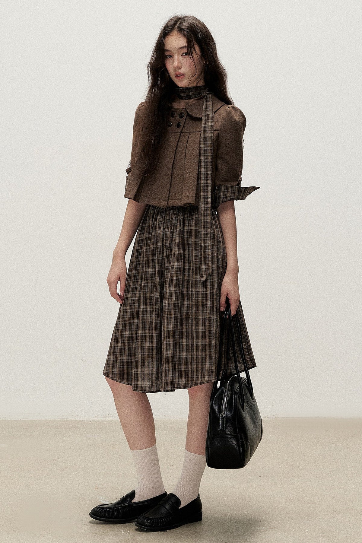 Plaid Diagonal Placket Ribbon Dress