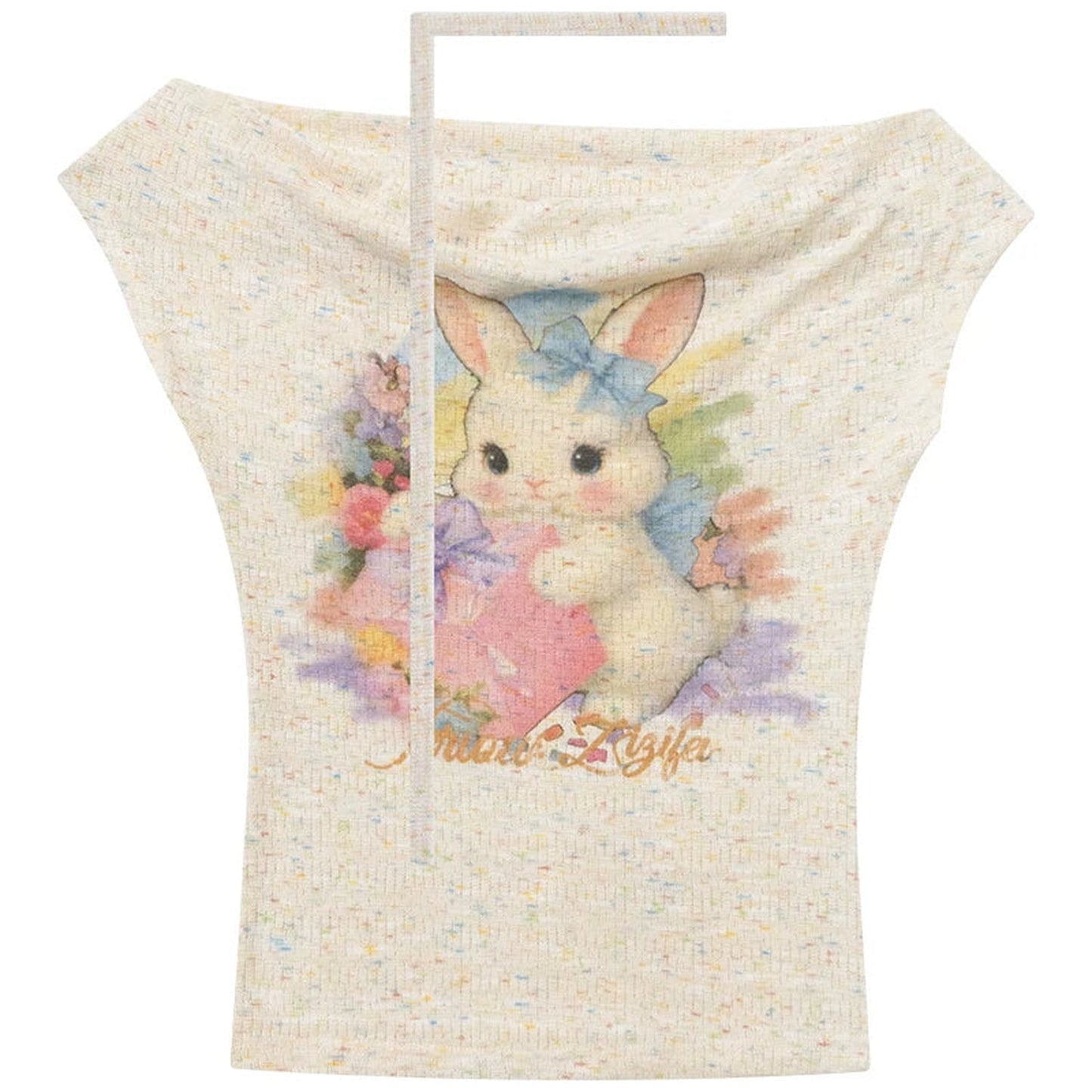 Rainbow Rabbit Knitted Off-Shoulder T-Shirt