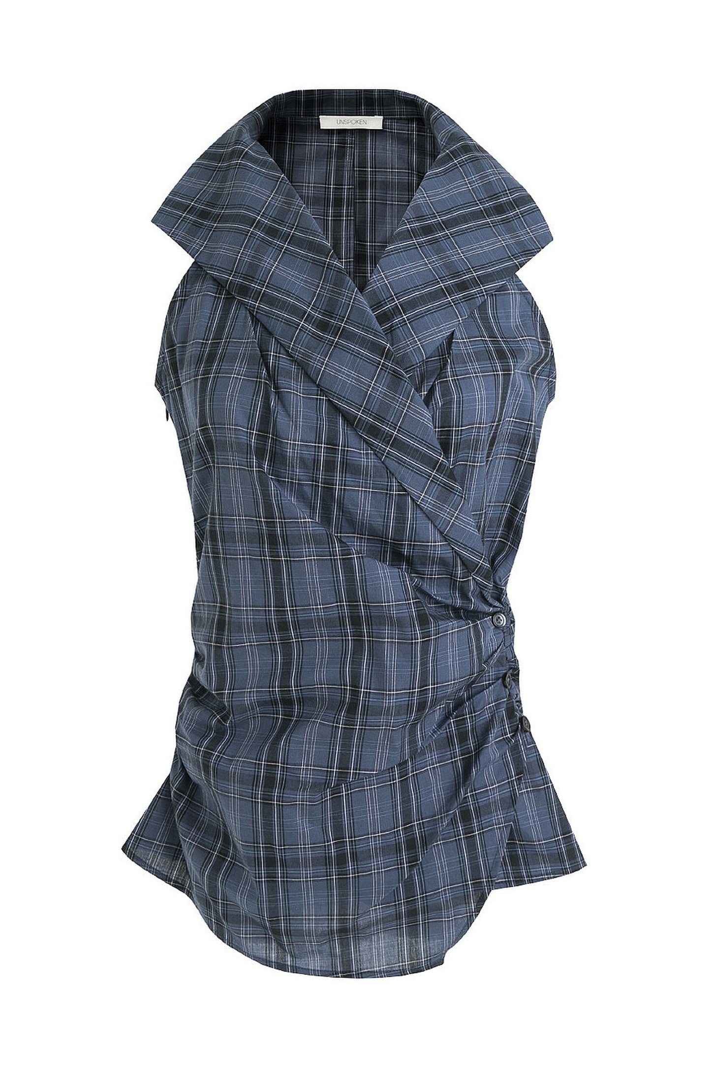 Navy Plaid Pleated Top