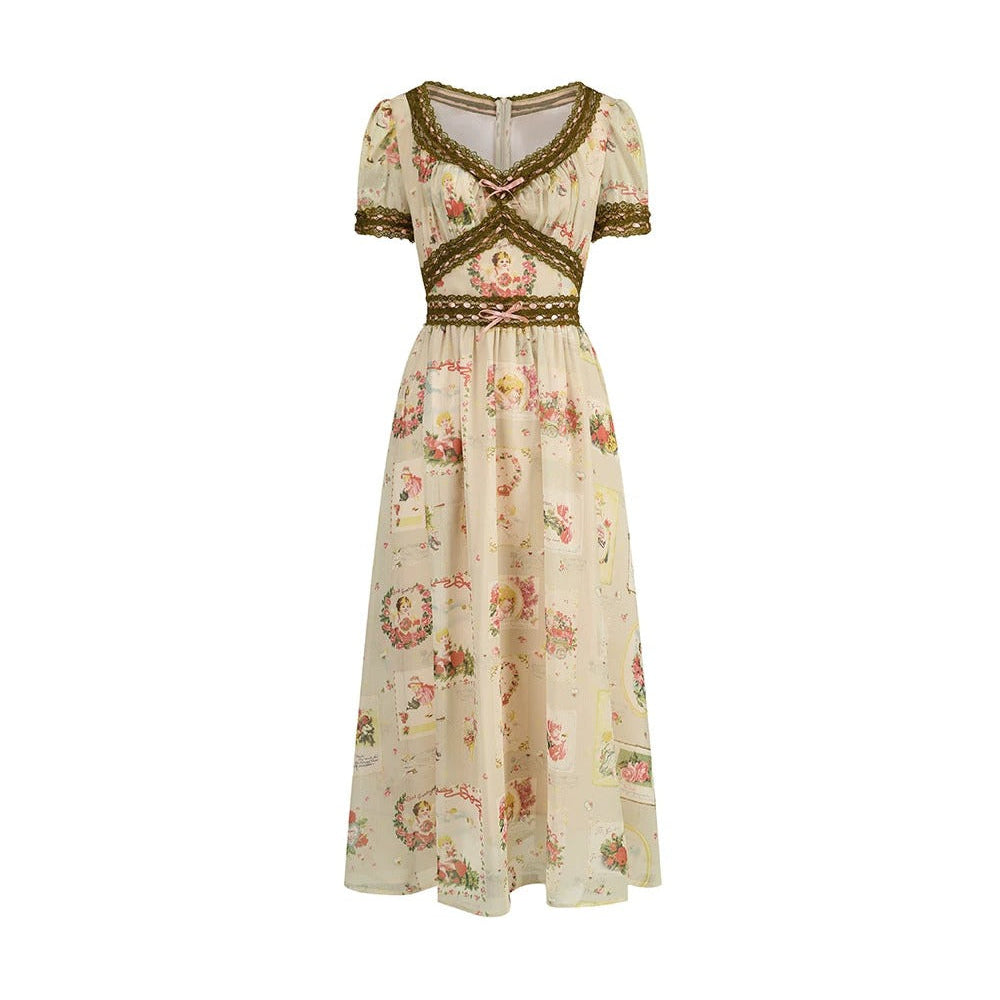 French Retro Lace Print Dress