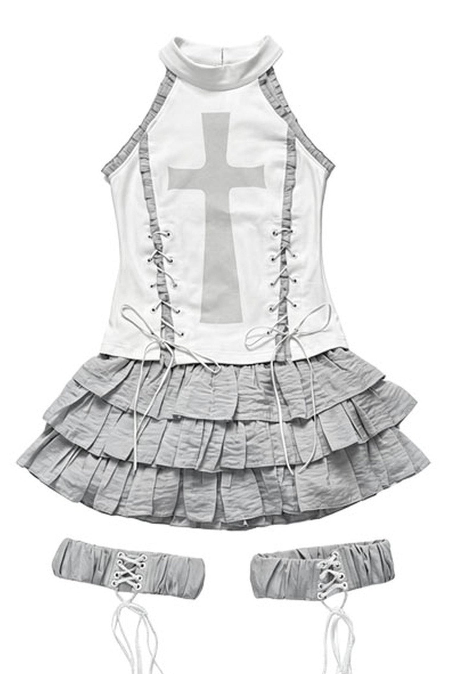 Sleeveless Collarless Cross Print Skirt Set