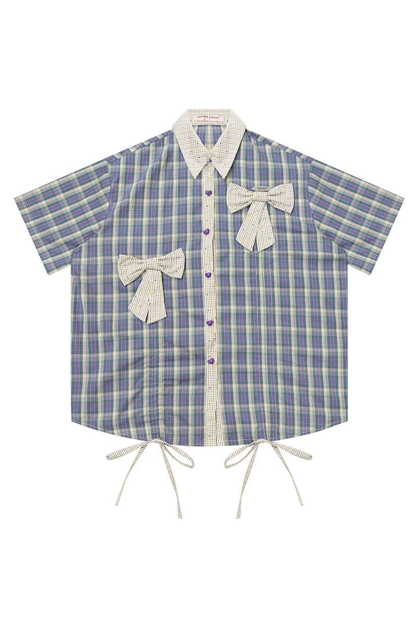 Purple Green Plaid Bow Drawstring Shirt