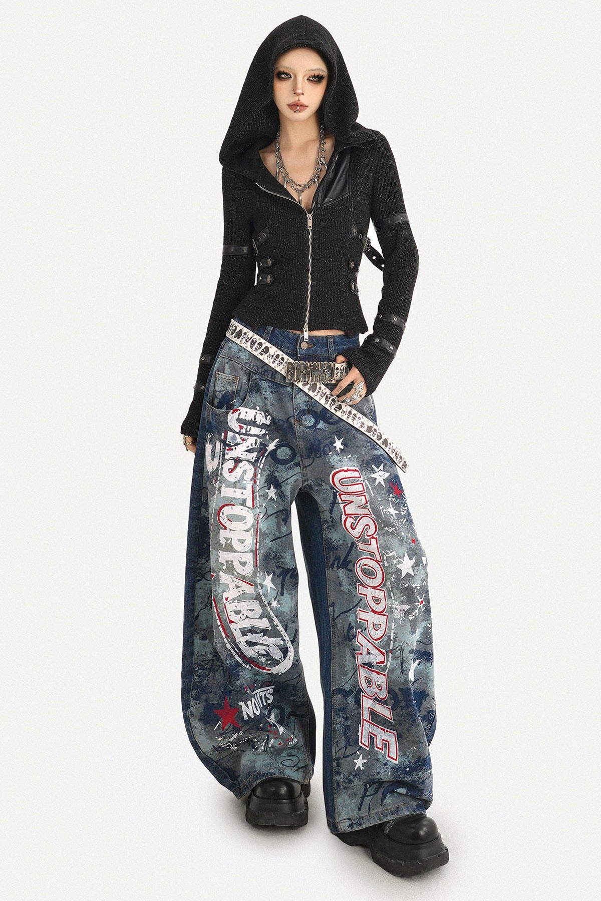 Graffiti Print Wide-Leg Jeans