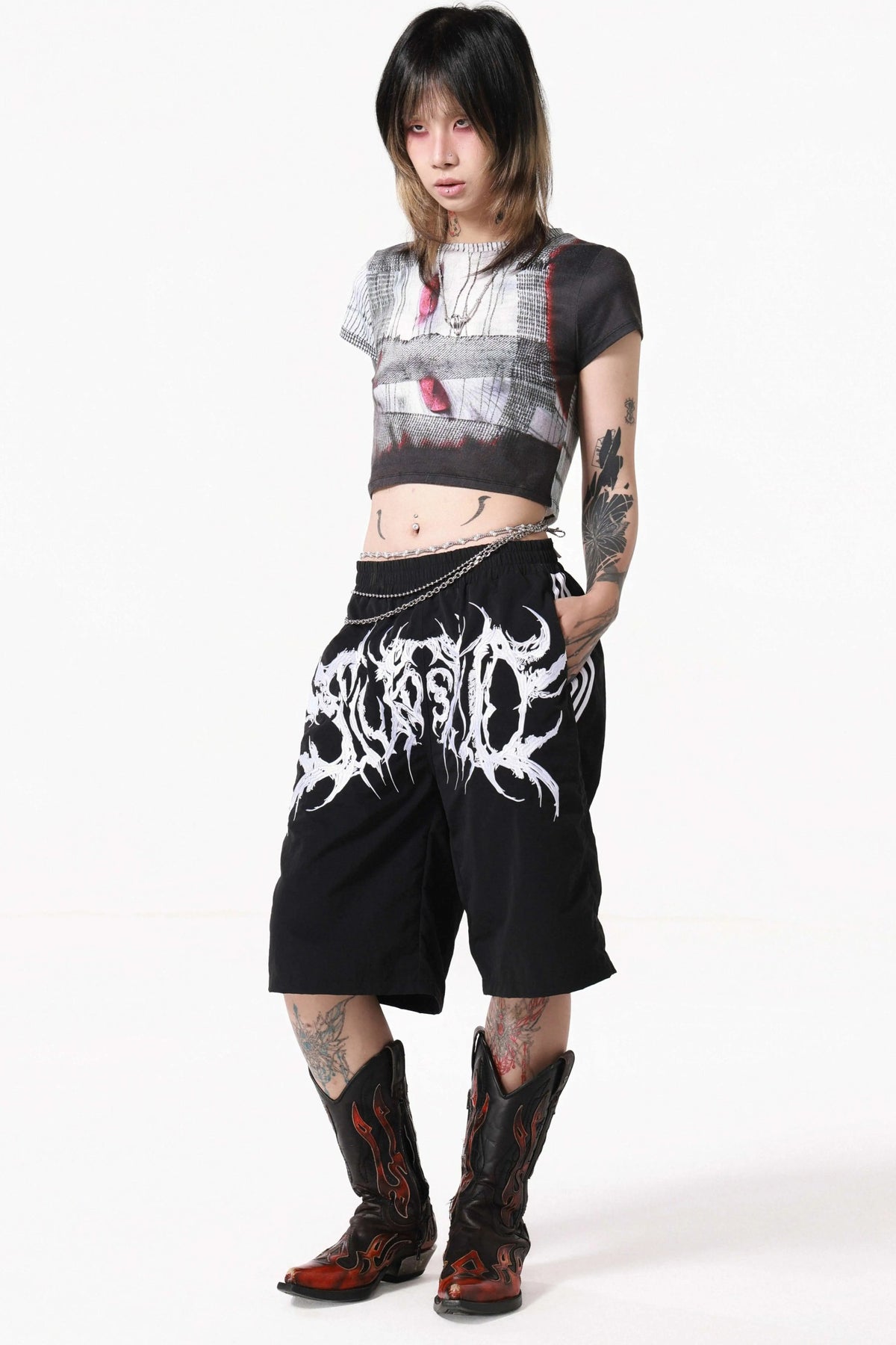 Grunge Ladder Stripe Zipper Mid-Length Pants